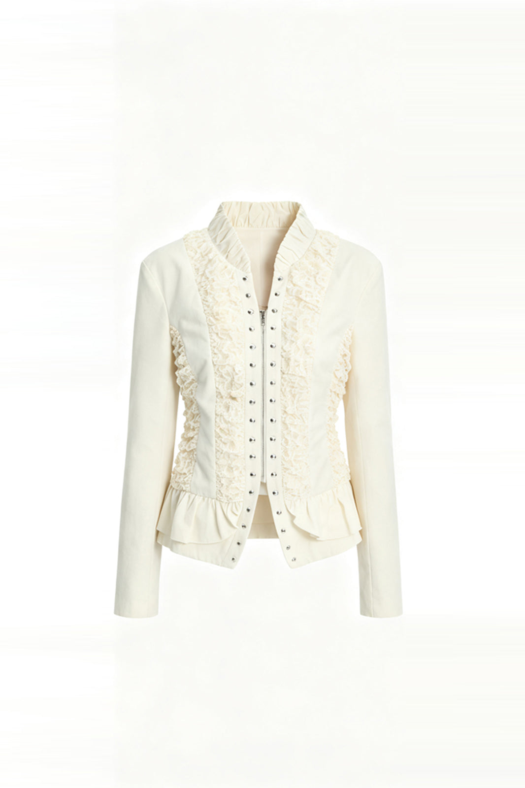 FAYCHUI Lace Spliced Crinkled Cinched-Waist V-Neck Jacket