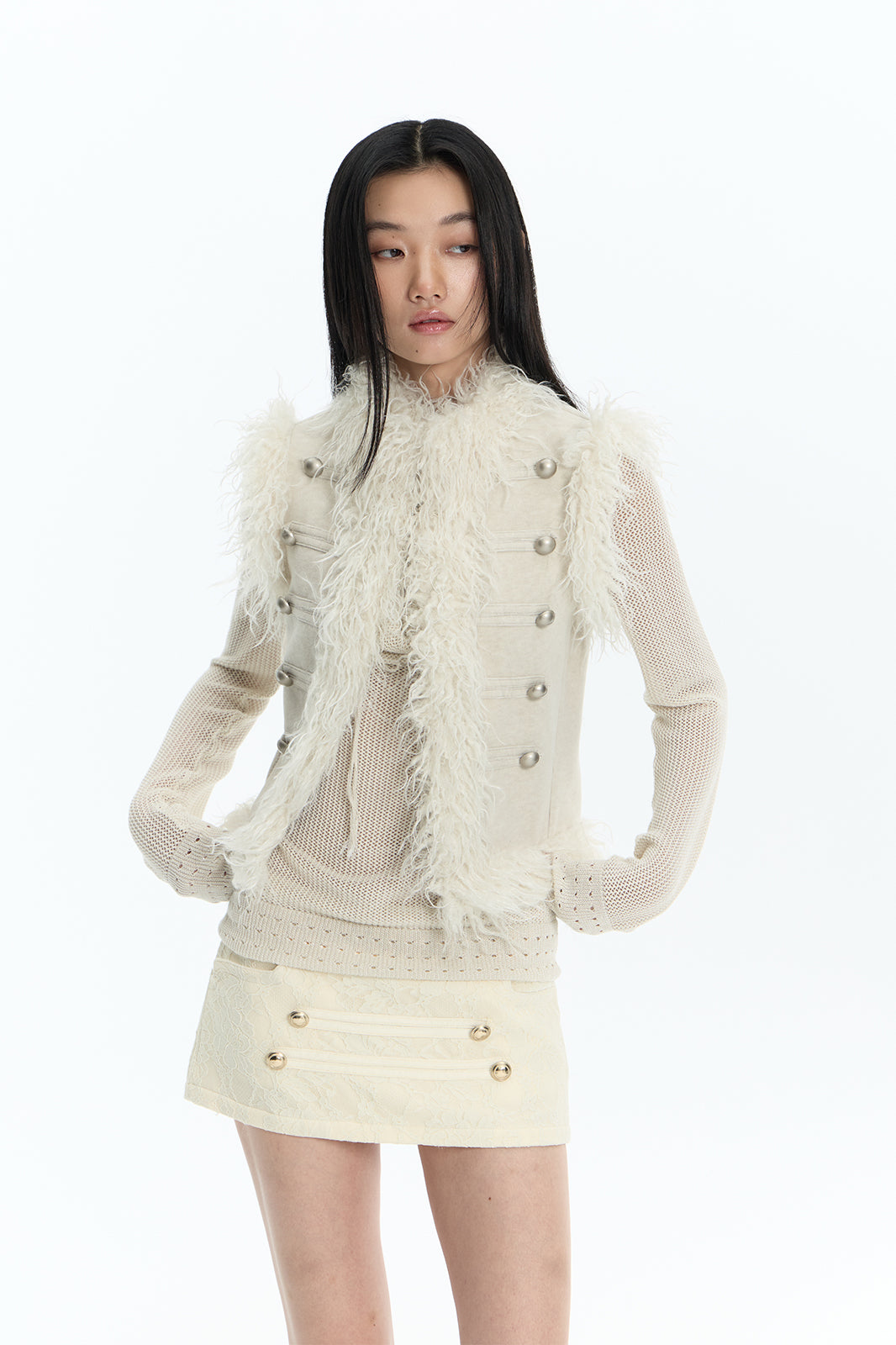 FAYCHUI Faux Fur Trim Button Vest