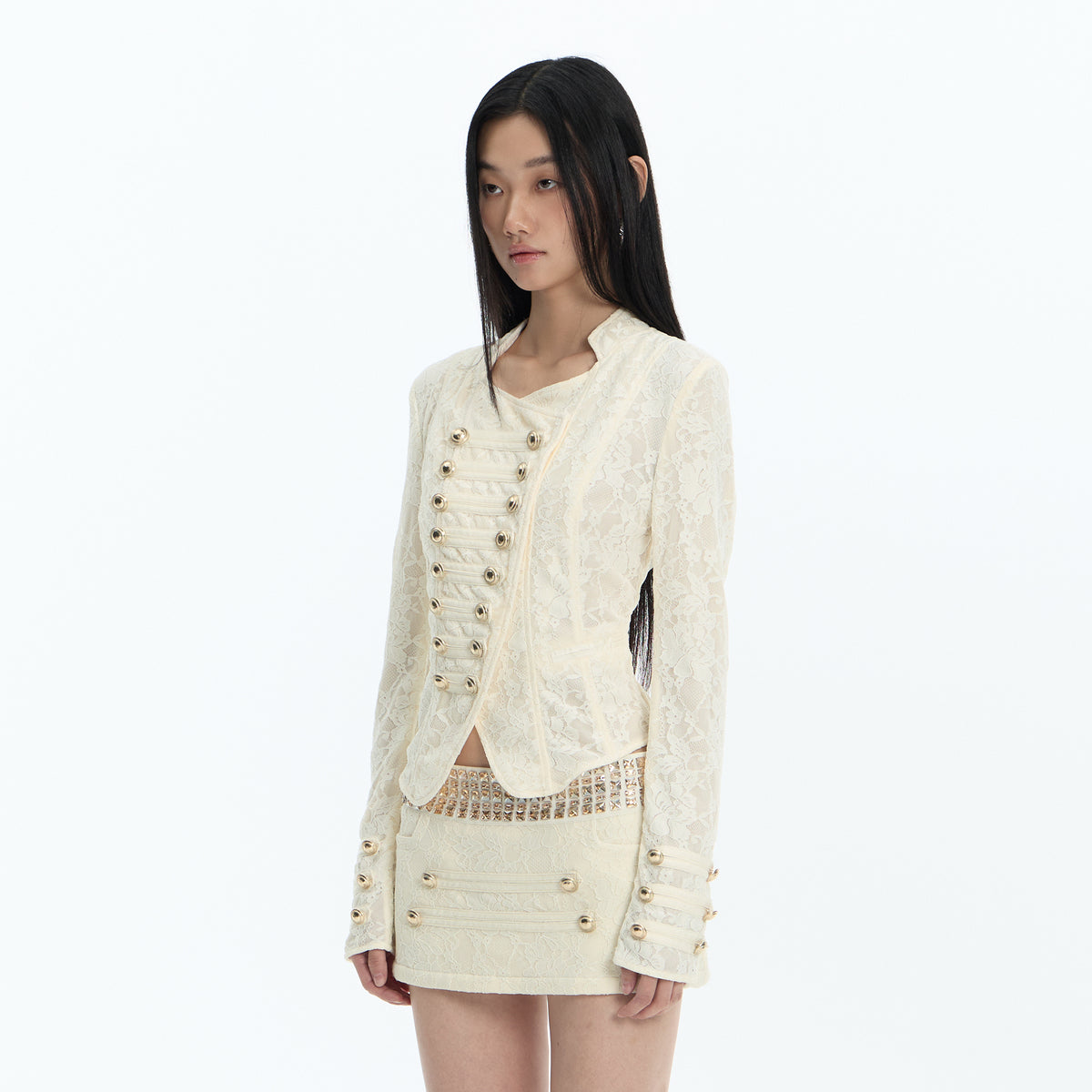 FAYCHUI Asymmetric Military Button Lace Jacket