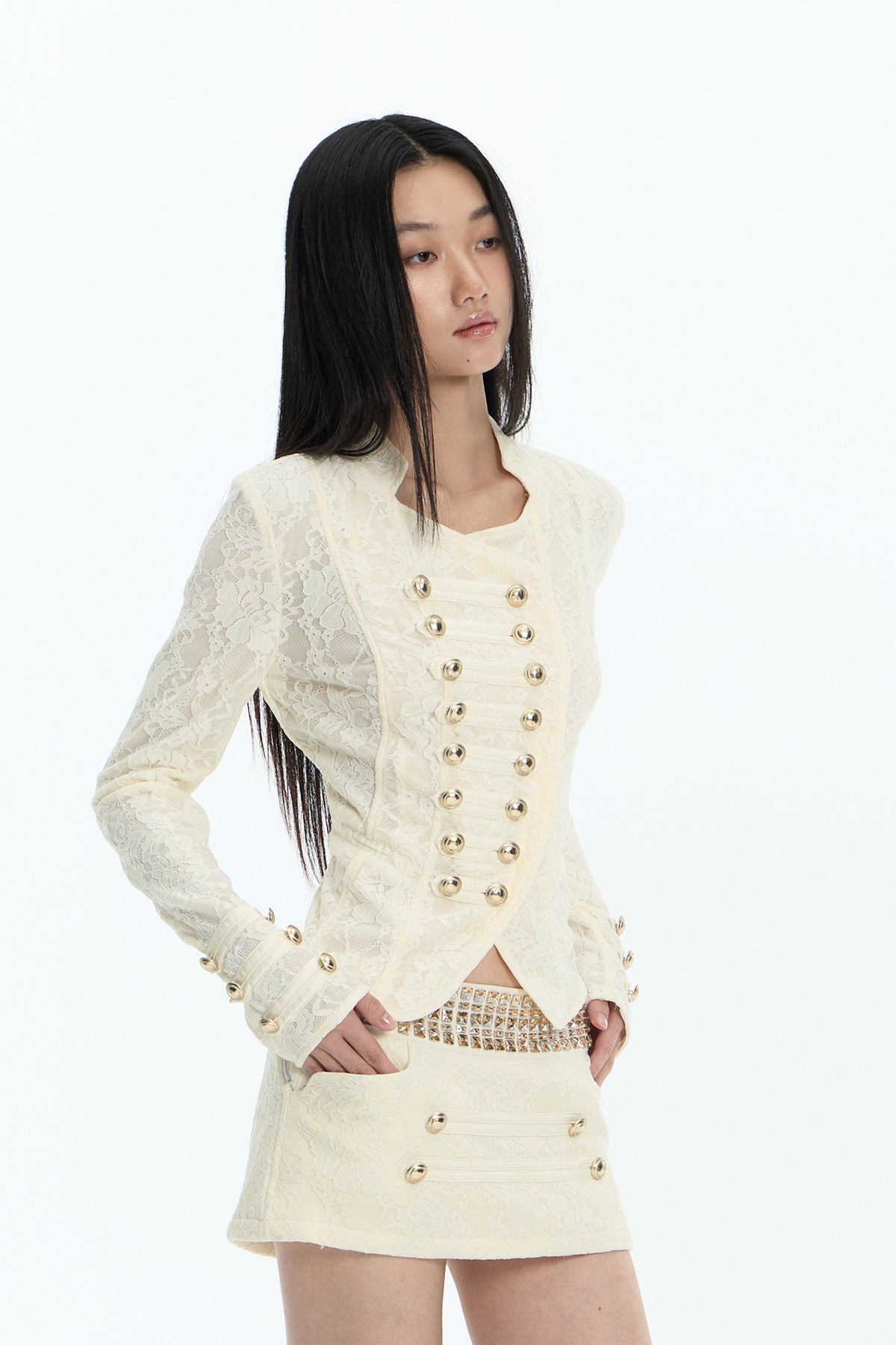 FAYCHUI Asymmetric Military Button Lace Jacket