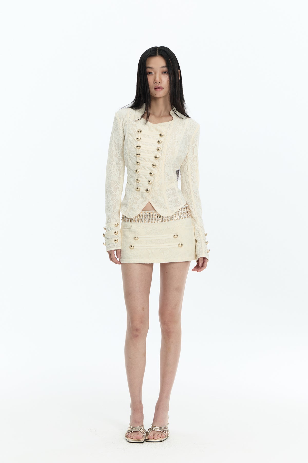 FAYCHUI Asymmetric Military Button Lace Jacket