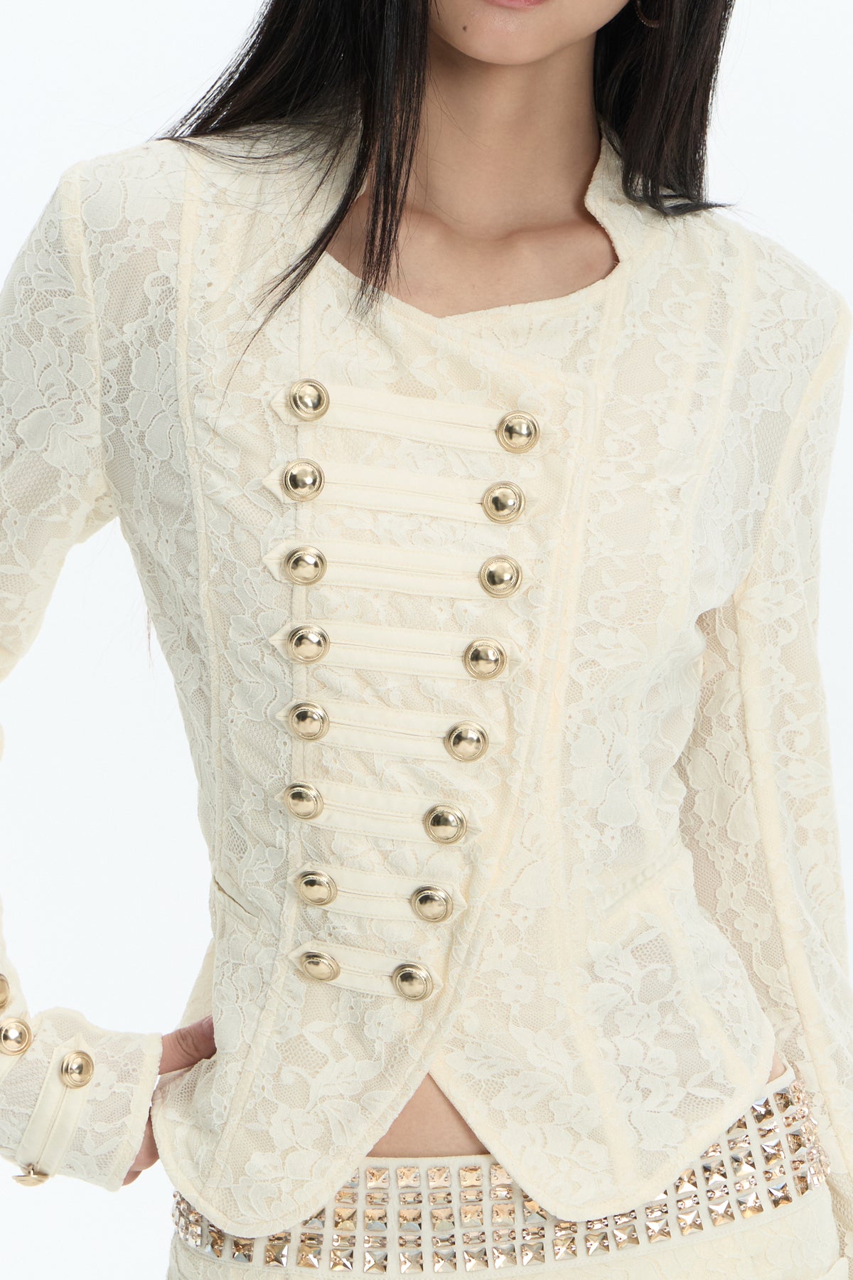 FAYCHUI Asymmetric Military Button Lace Jacket