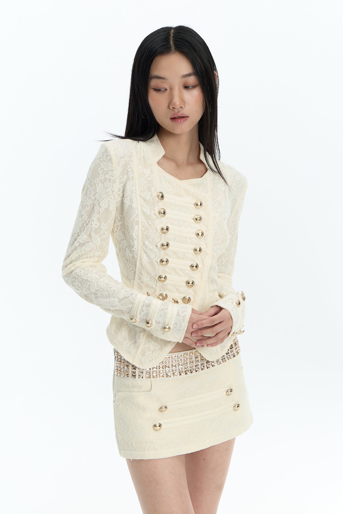 FAYCHUI Asymmetric Military Button Lace Jacket
