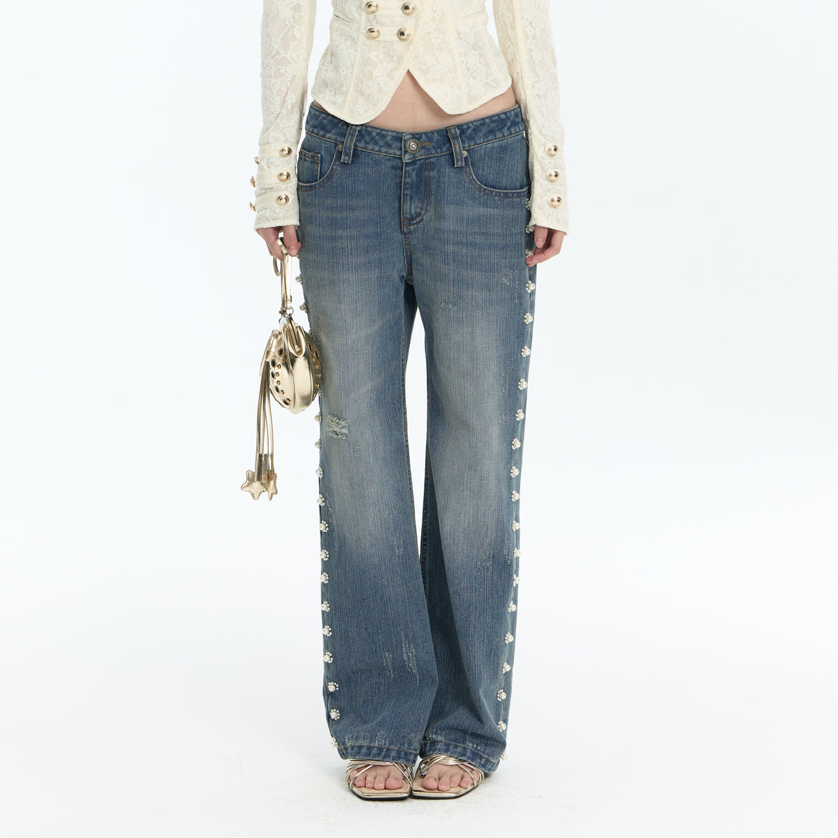 FAYCHUI Washed Floral Pearl Low-Rise Flared Jeans