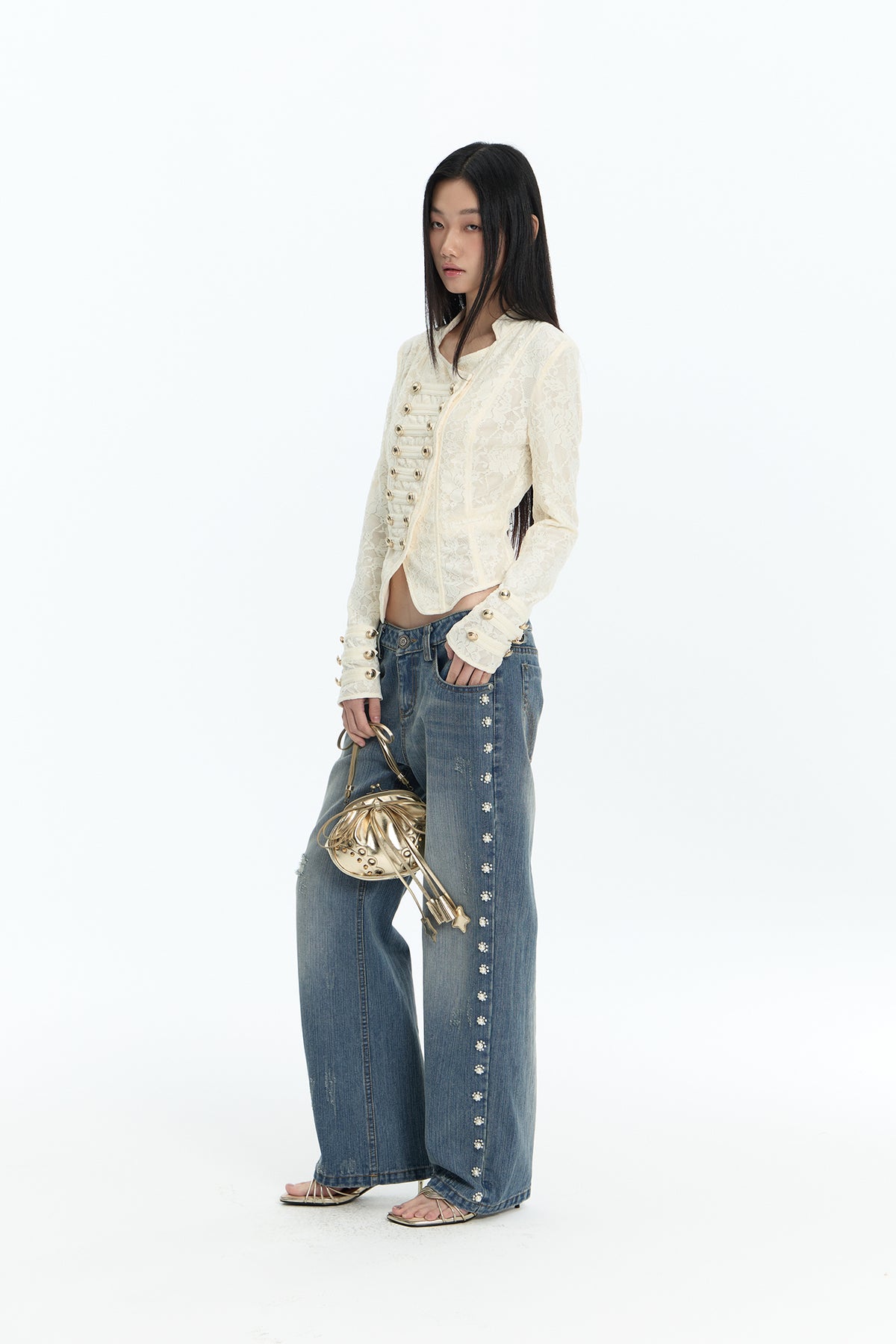 FAYCHUI Washed Floral Pearl Low-Rise Flared Jeans
