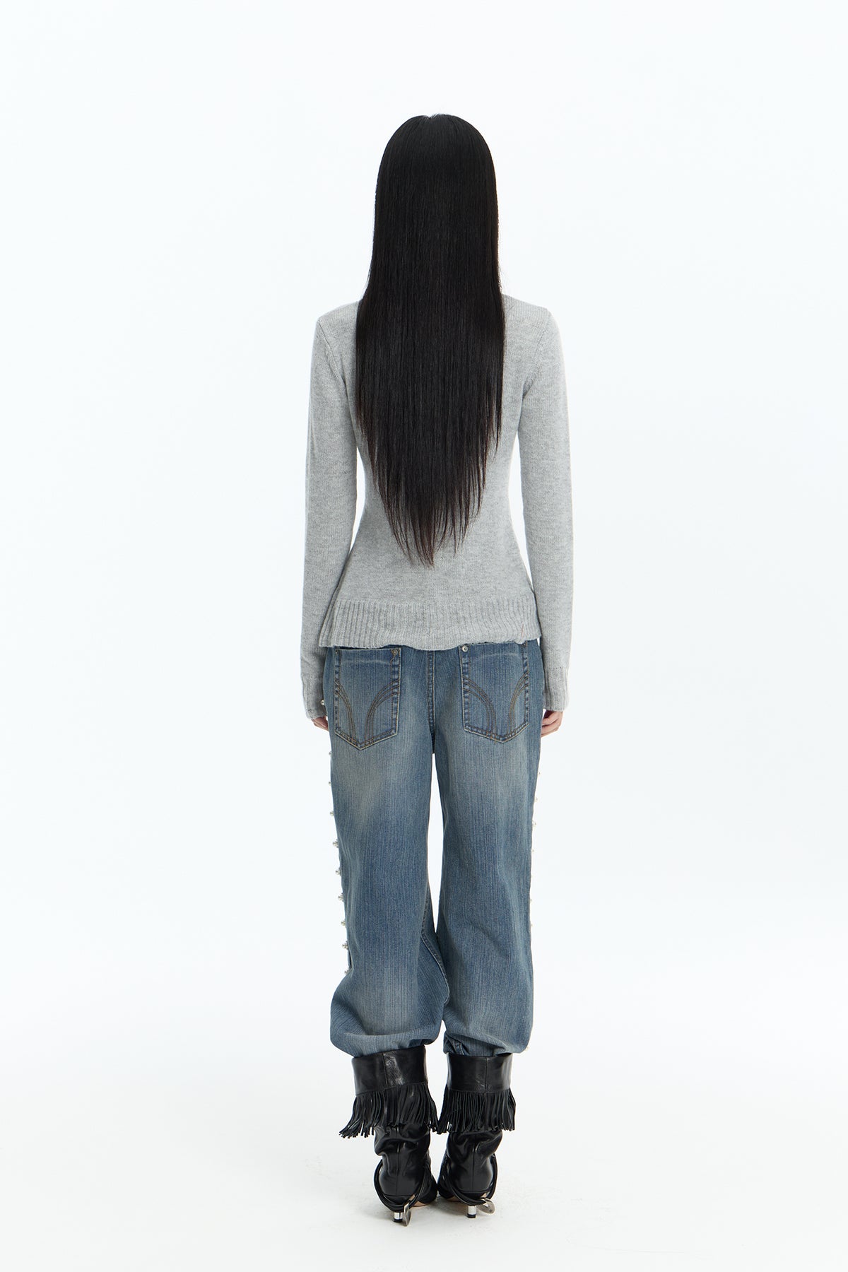 FAYCHUI Washed Floral Pearl Low-Rise Flared Jeans