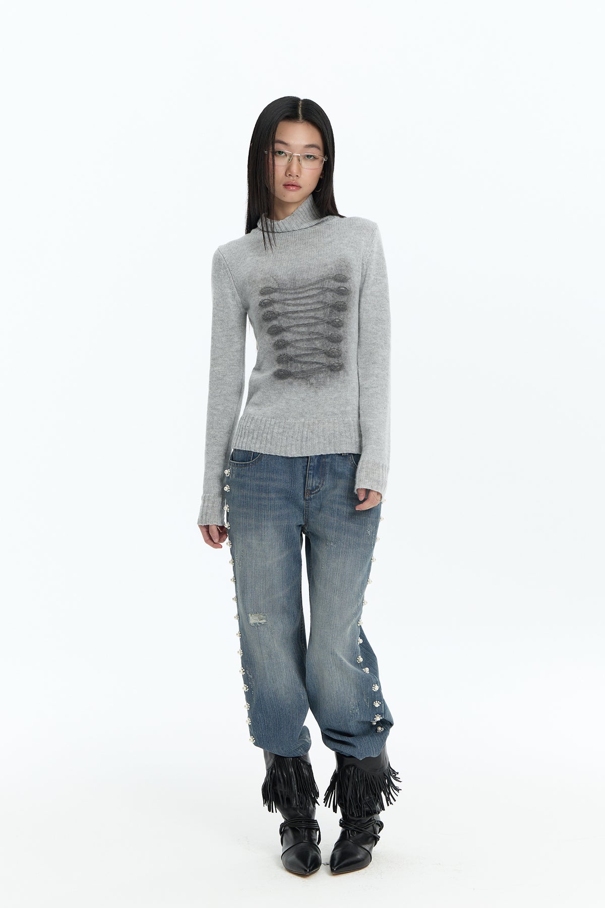 FAYCHUI Baroque Graphic Wool-Blend Mock-Neck Sweater