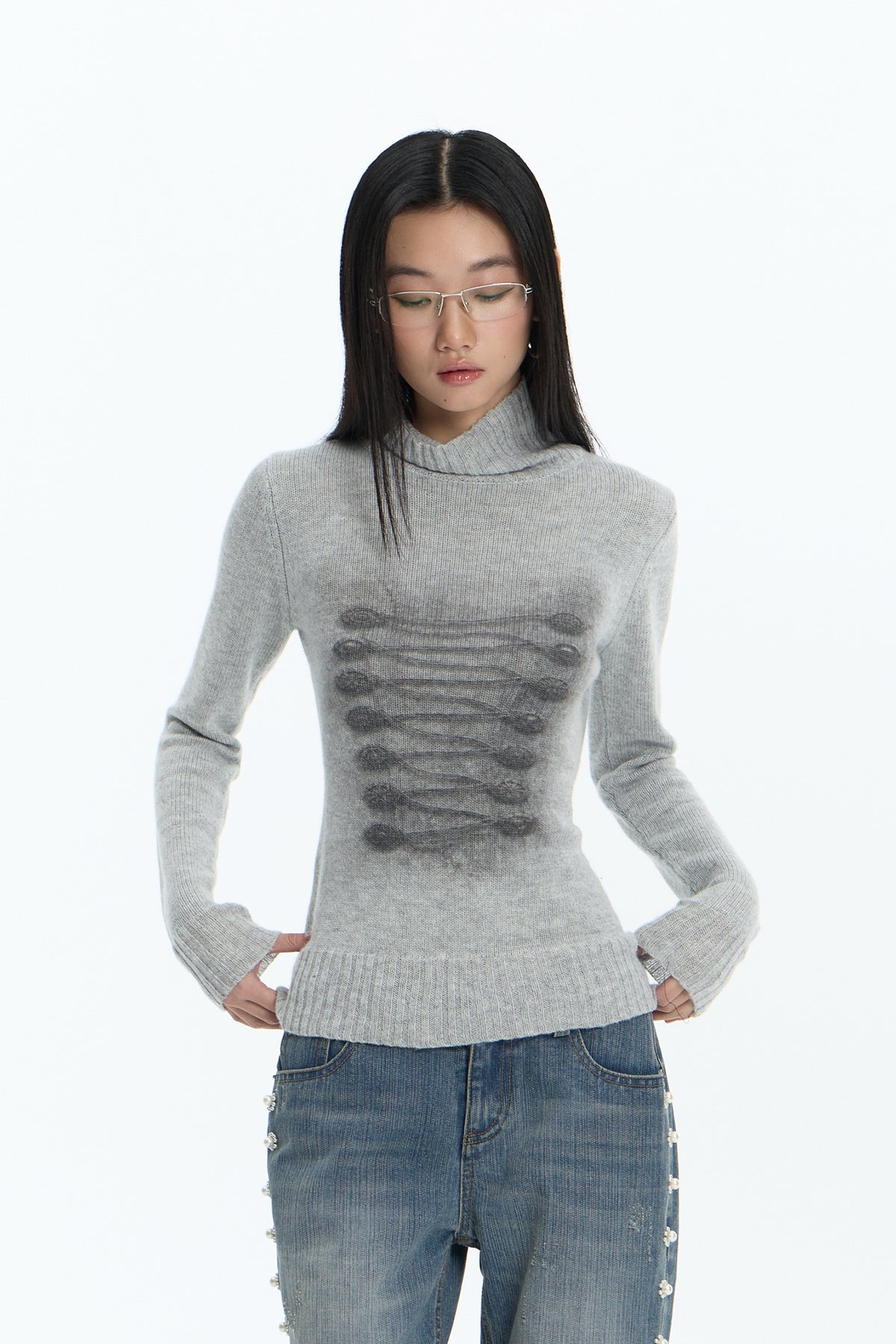 FAYCHUI Baroque Graphic Wool-Blend Mock-Neck Sweater