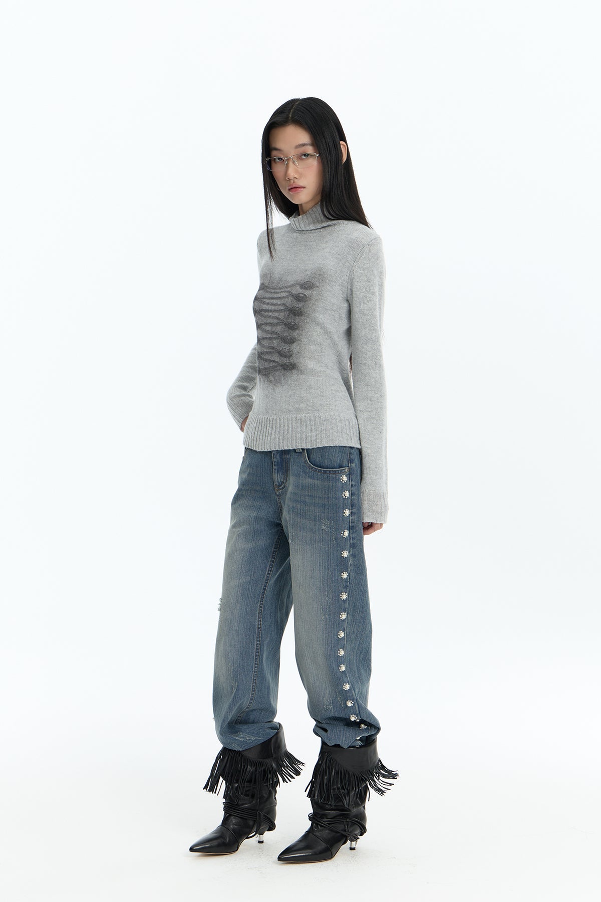 FAYCHUI Baroque Graphic Wool-Blend Mock-Neck Sweater