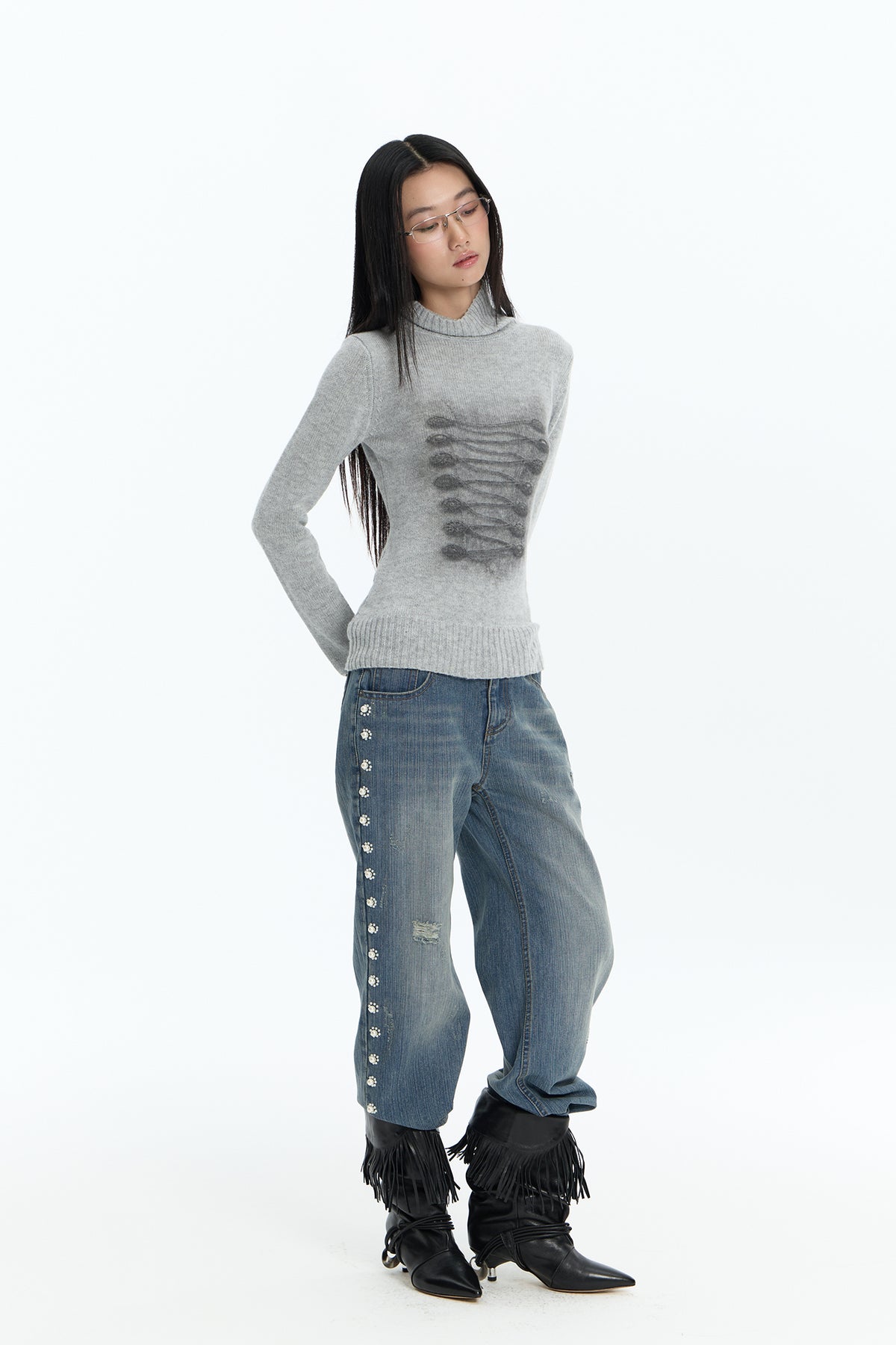 FAYCHUI Baroque Graphic Wool-Blend Mock-Neck Sweater