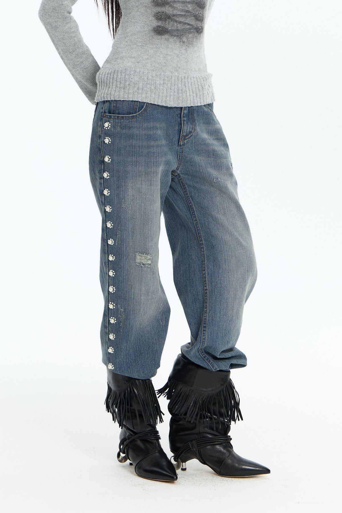 FAYCHUI Washed Floral Pearl Low-Rise Flared Jeans
