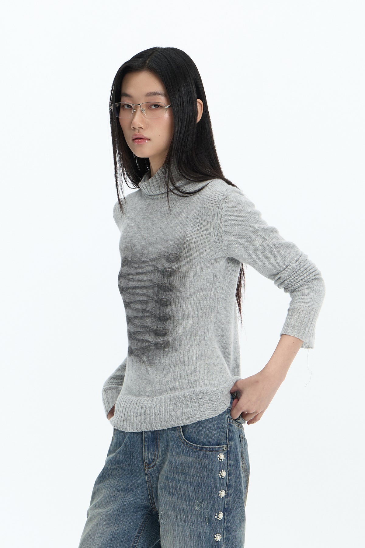 FAYCHUI Baroque Graphic Wool-Blend Mock-Neck Sweater