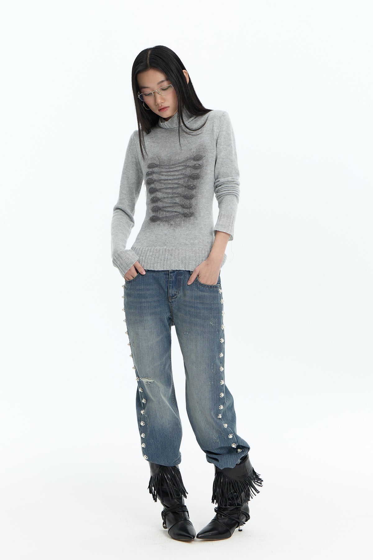 FAYCHUI Baroque Graphic Wool-Blend Mock-Neck Sweater