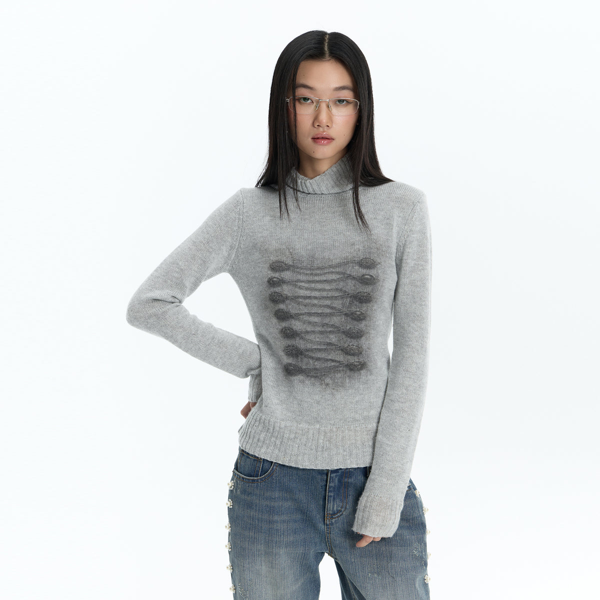 FAYCHUI Baroque Graphic Wool-Blend Mock-Neck Sweater