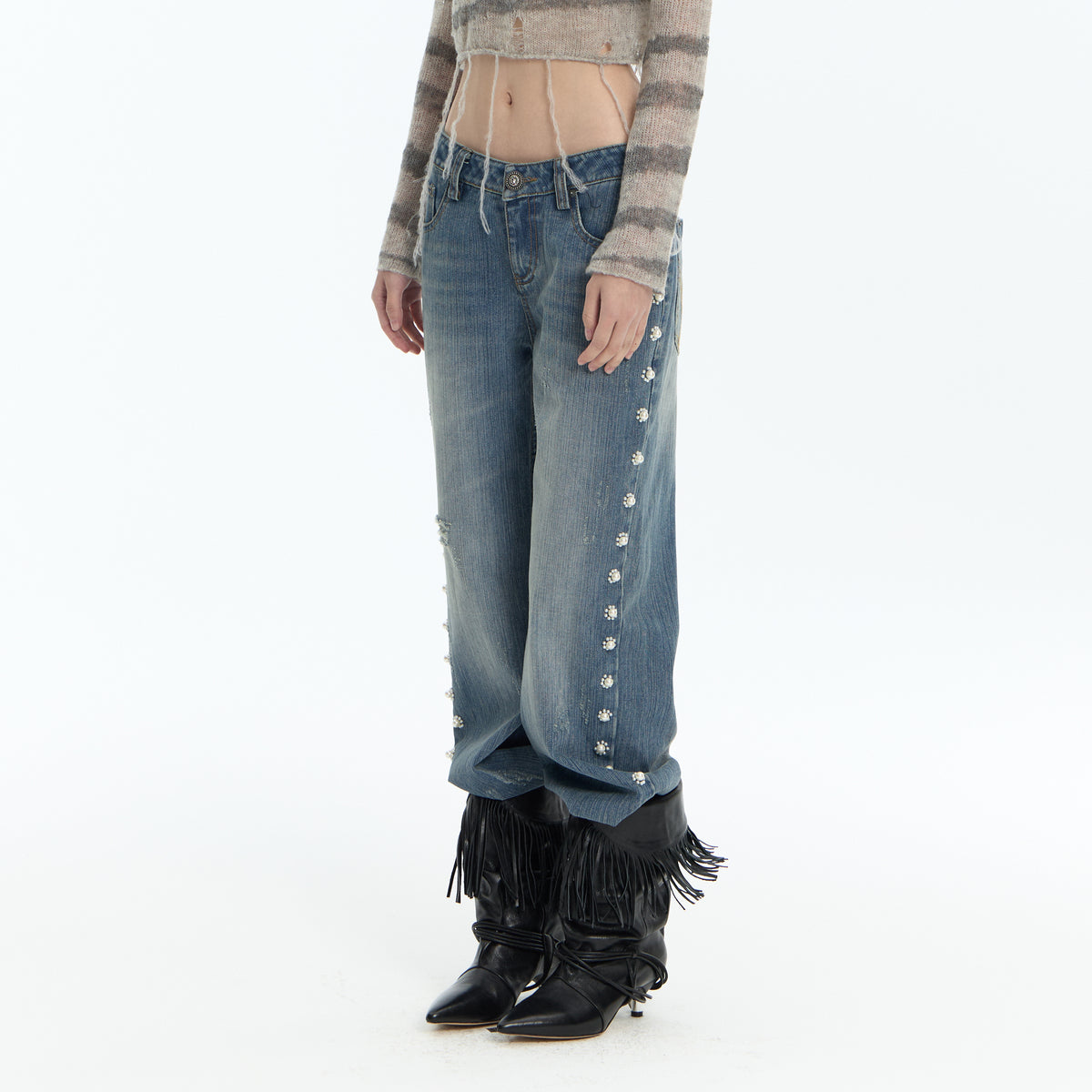 FAYCHUI Washed Floral Pearl Low-Rise Flared Jeans