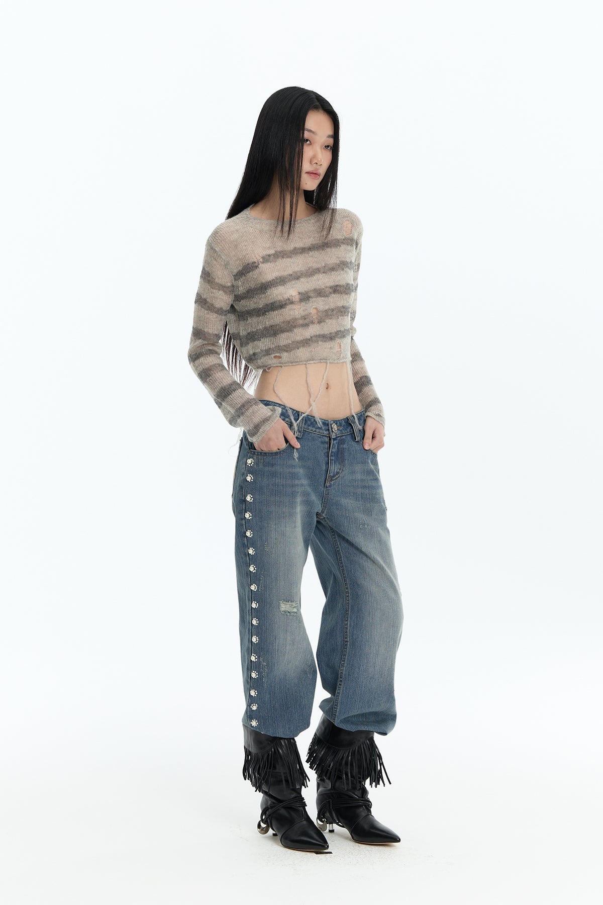 FAYCHUI Distressed Wool-Blend Cropped Knit Top
