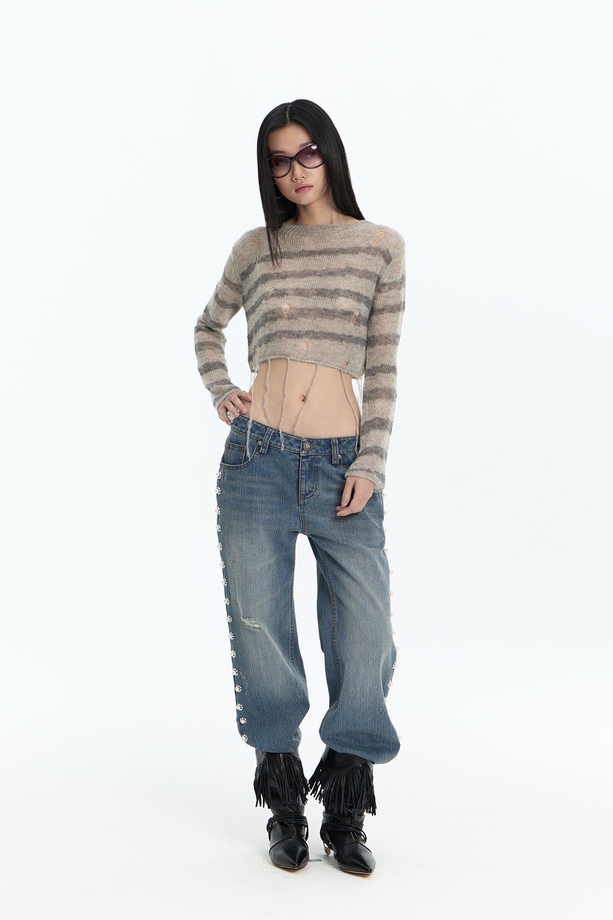 FAYCHUI Distressed Wool-Blend Cropped Knit Top