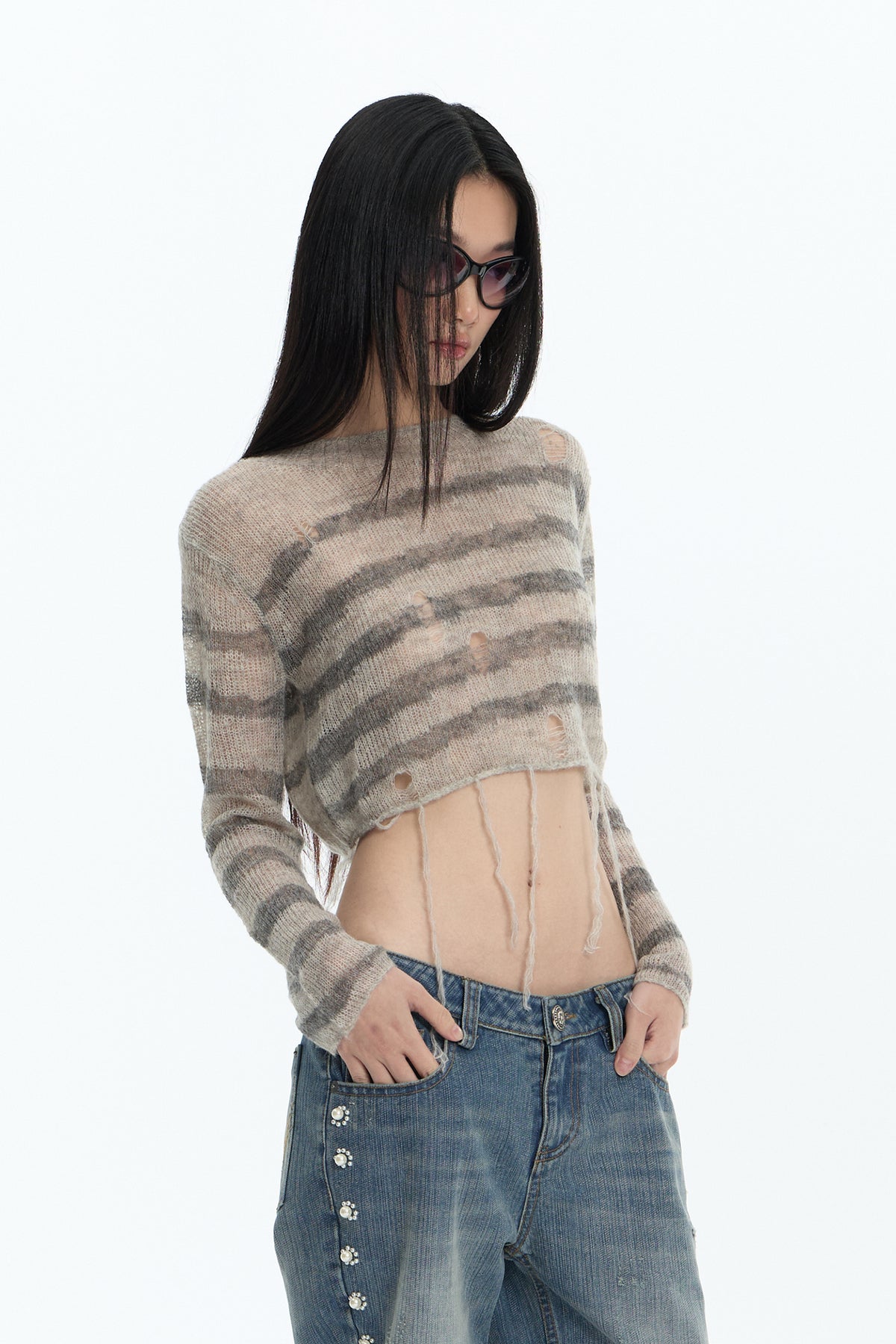 FAYCHUI Distressed Wool-Blend Cropped Knit Top