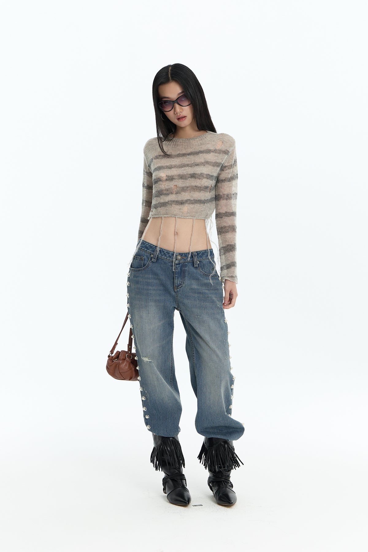 FAYCHUI Washed Floral Pearl Low-Rise Flared Jeans