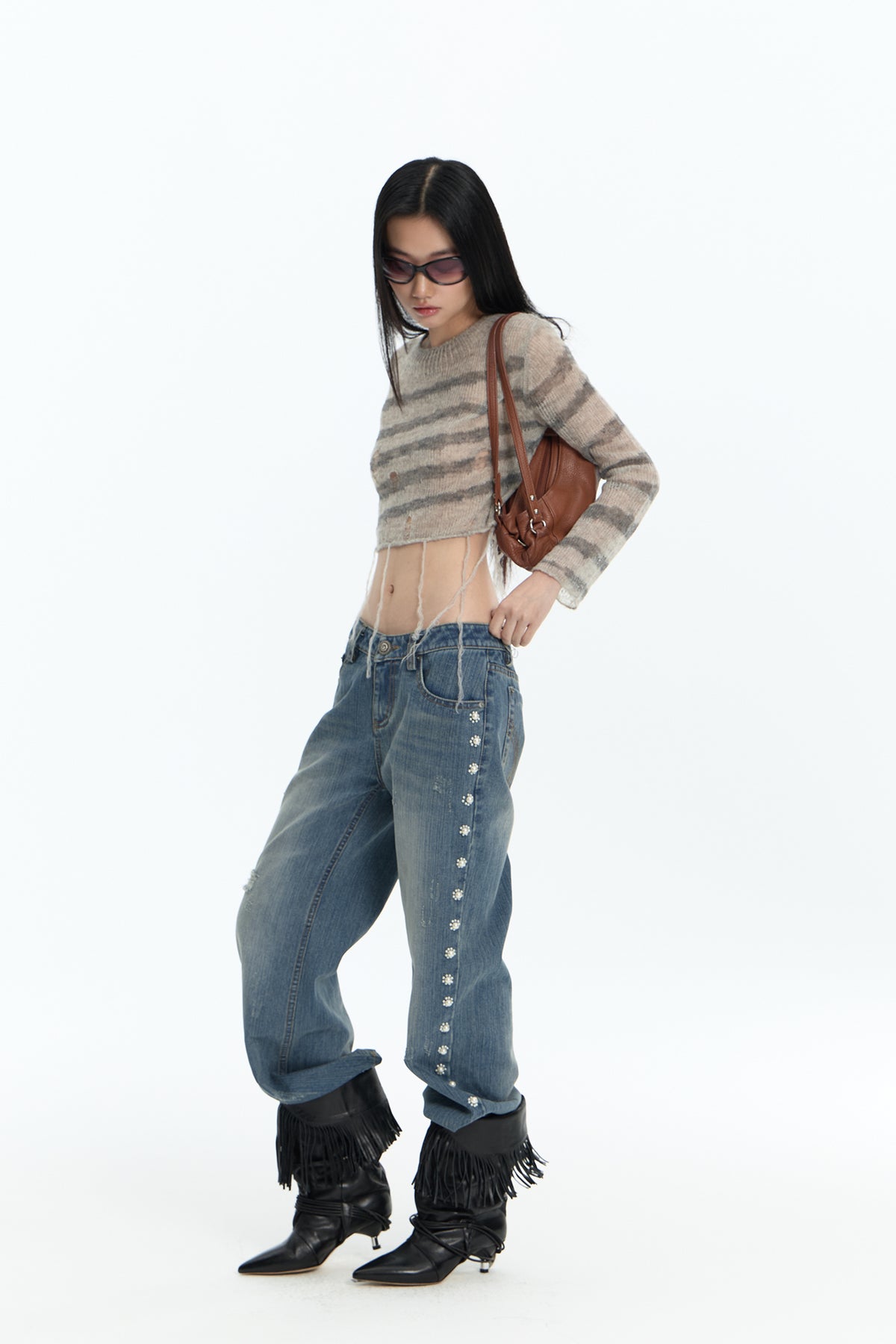 FAYCHUI Distressed Wool-Blend Cropped Knit Top