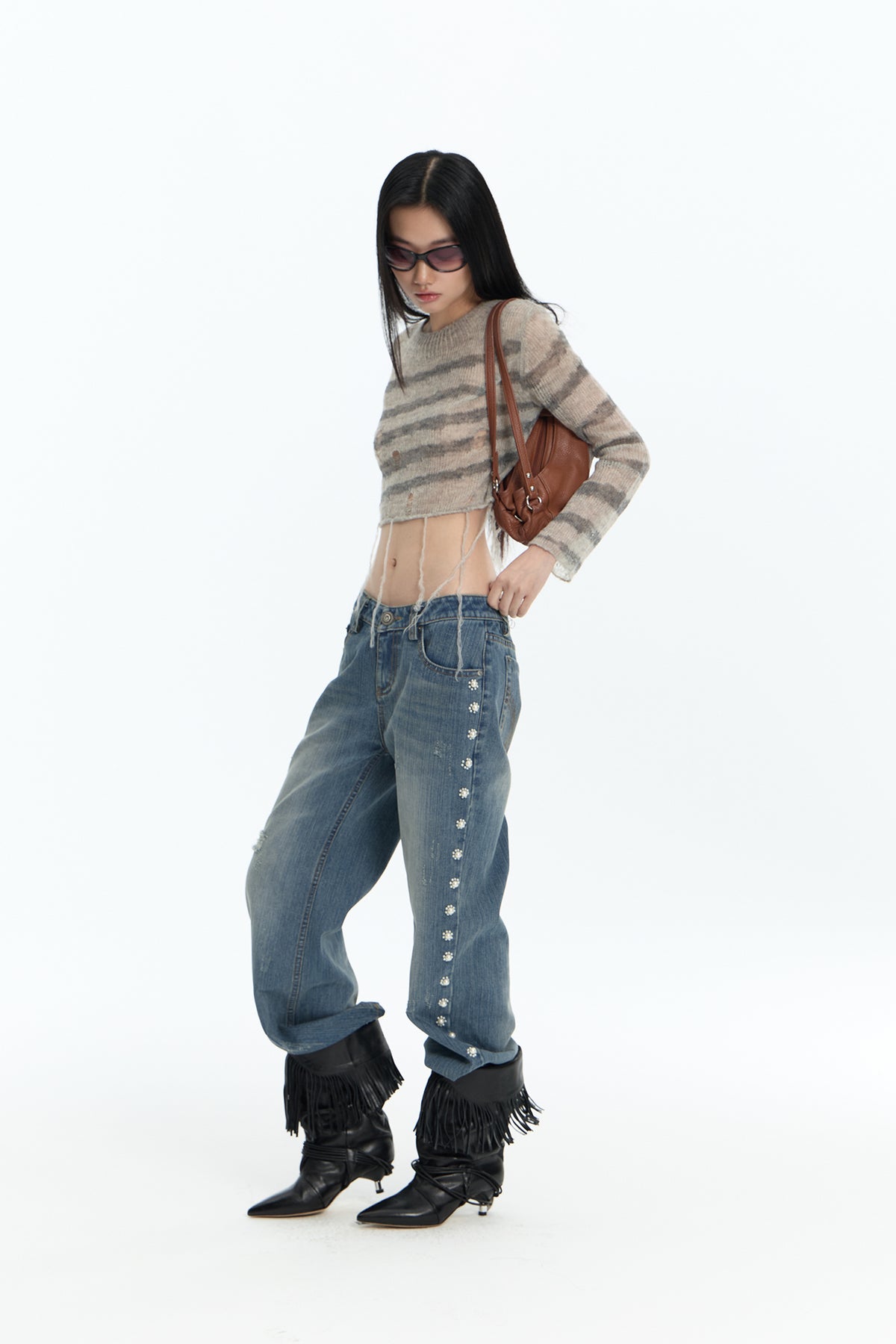 FAYCHUI Washed Floral Pearl Low-Rise Flared Jeans