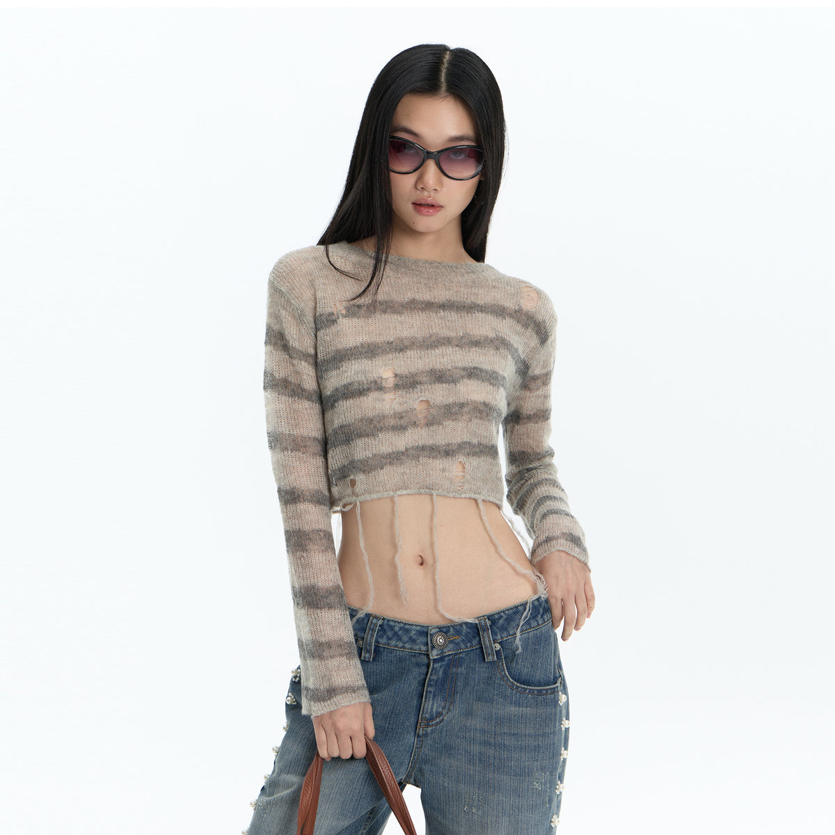 FAYCHUI Distressed Wool-Blend Cropped Knit Top