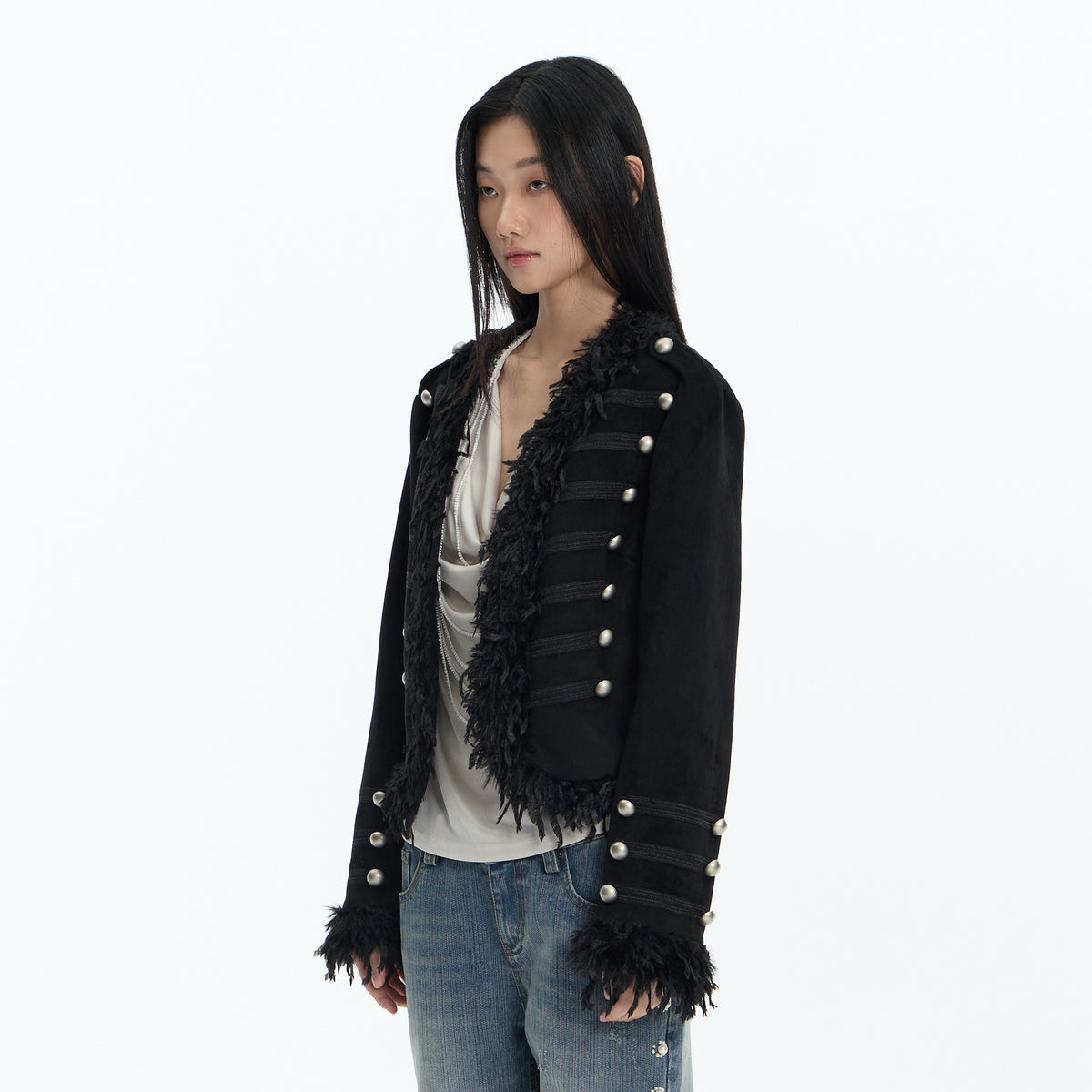 FAYCHUI Feather-Trim Button-Front Slim Napoleon Jacket