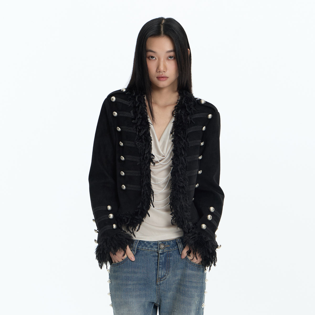 FAYCHUI Feather-Trim Button-Front Slim Napoleon Jacket