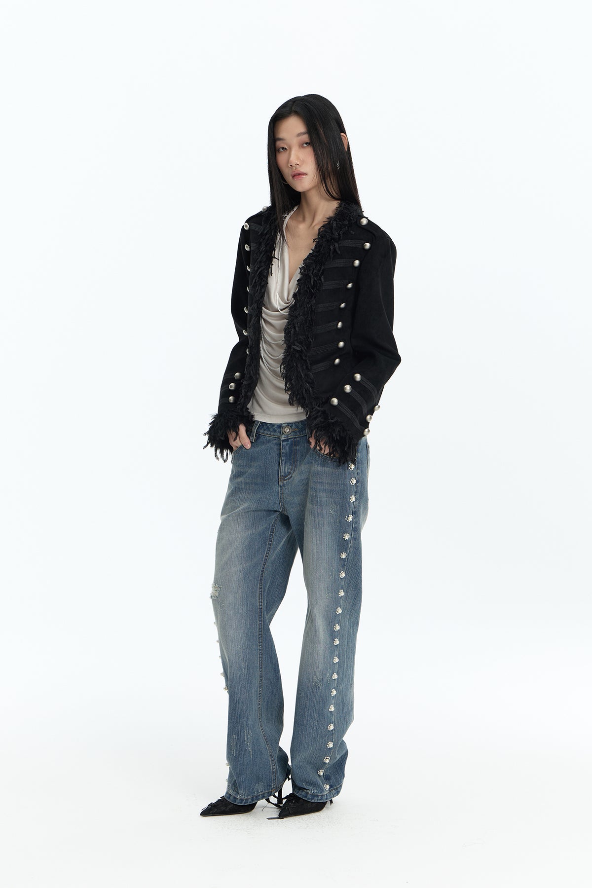 FAYCHUI Feather-Trim Button-Front Slim Napoleon Jacket