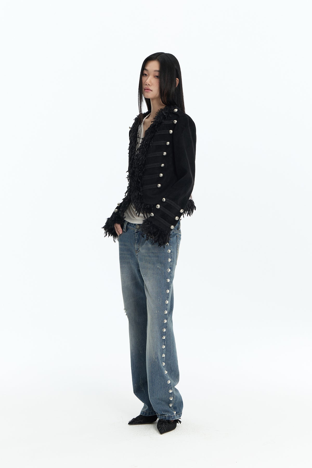 FAYCHUI Feather-Trim Button-Front Slim Napoleon Jacket