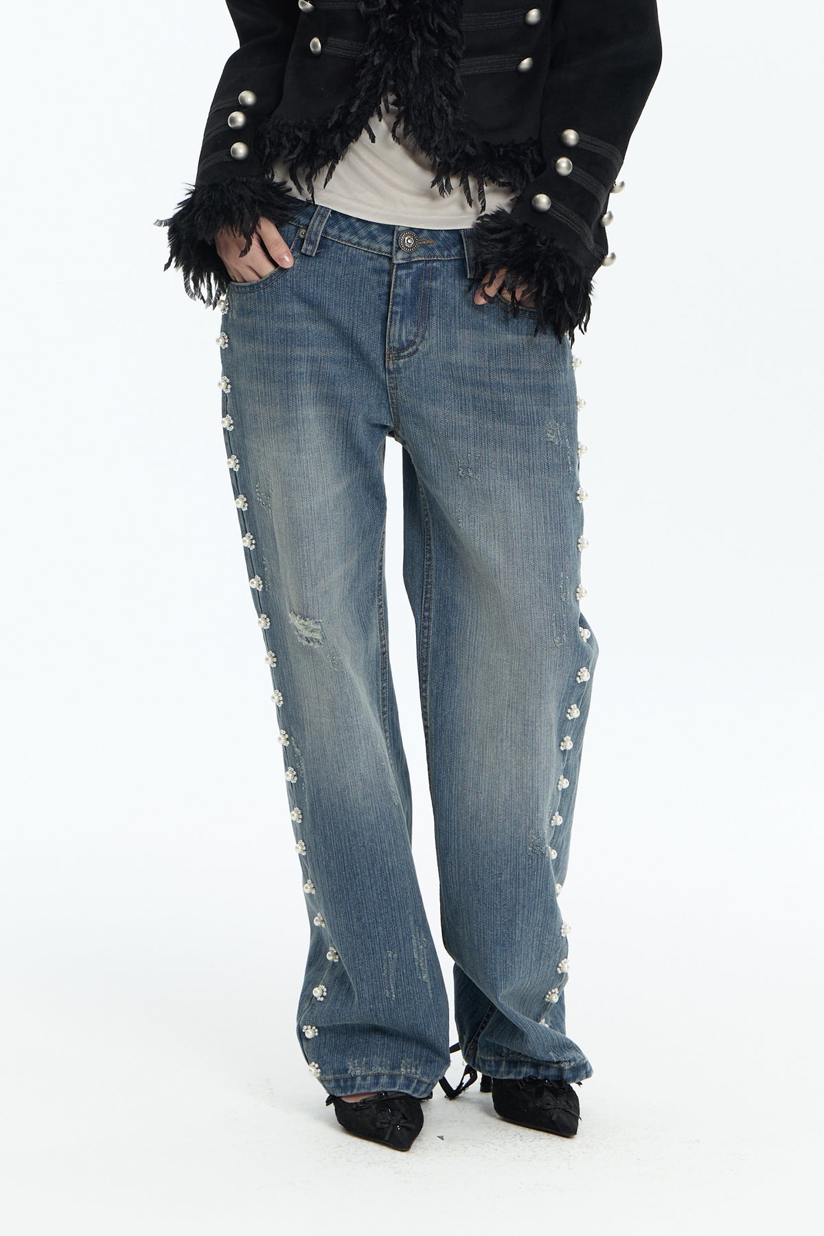 FAYCHUI Washed Floral Pearl Low-Rise Flared Jeans