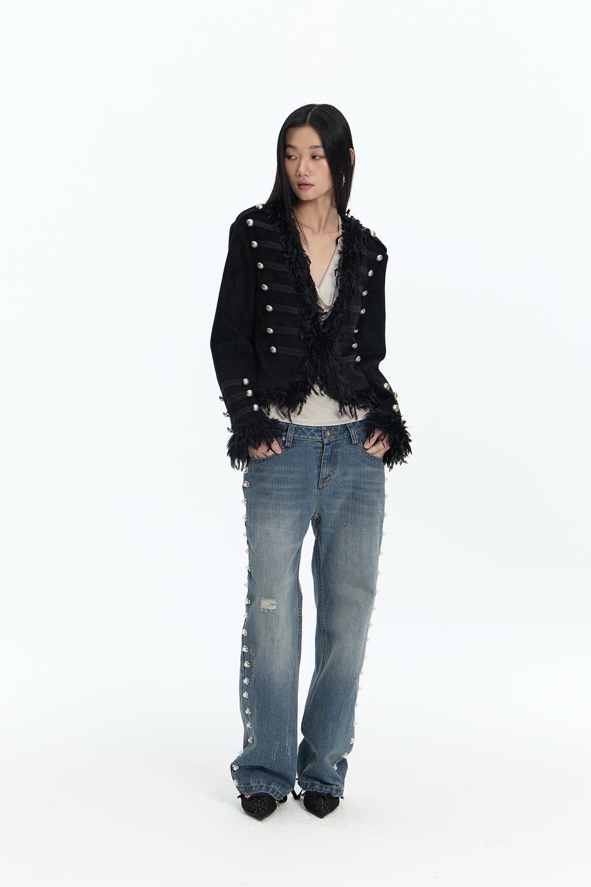 FAYCHUI Feather-Trim Button-Front Slim Napoleon Jacket
