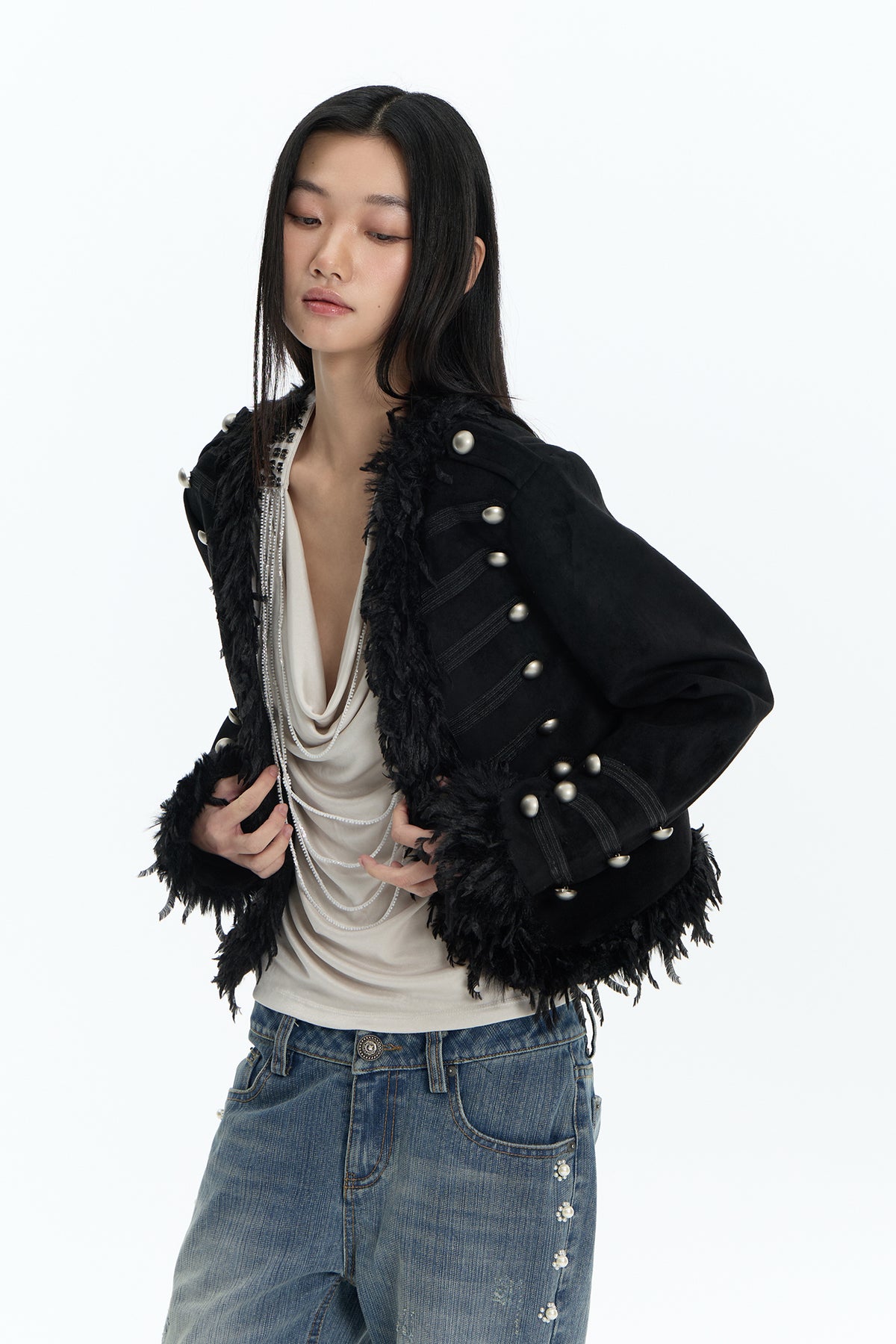 FAYCHUI Feather-Trim Button-Front Slim Napoleon Jacket
