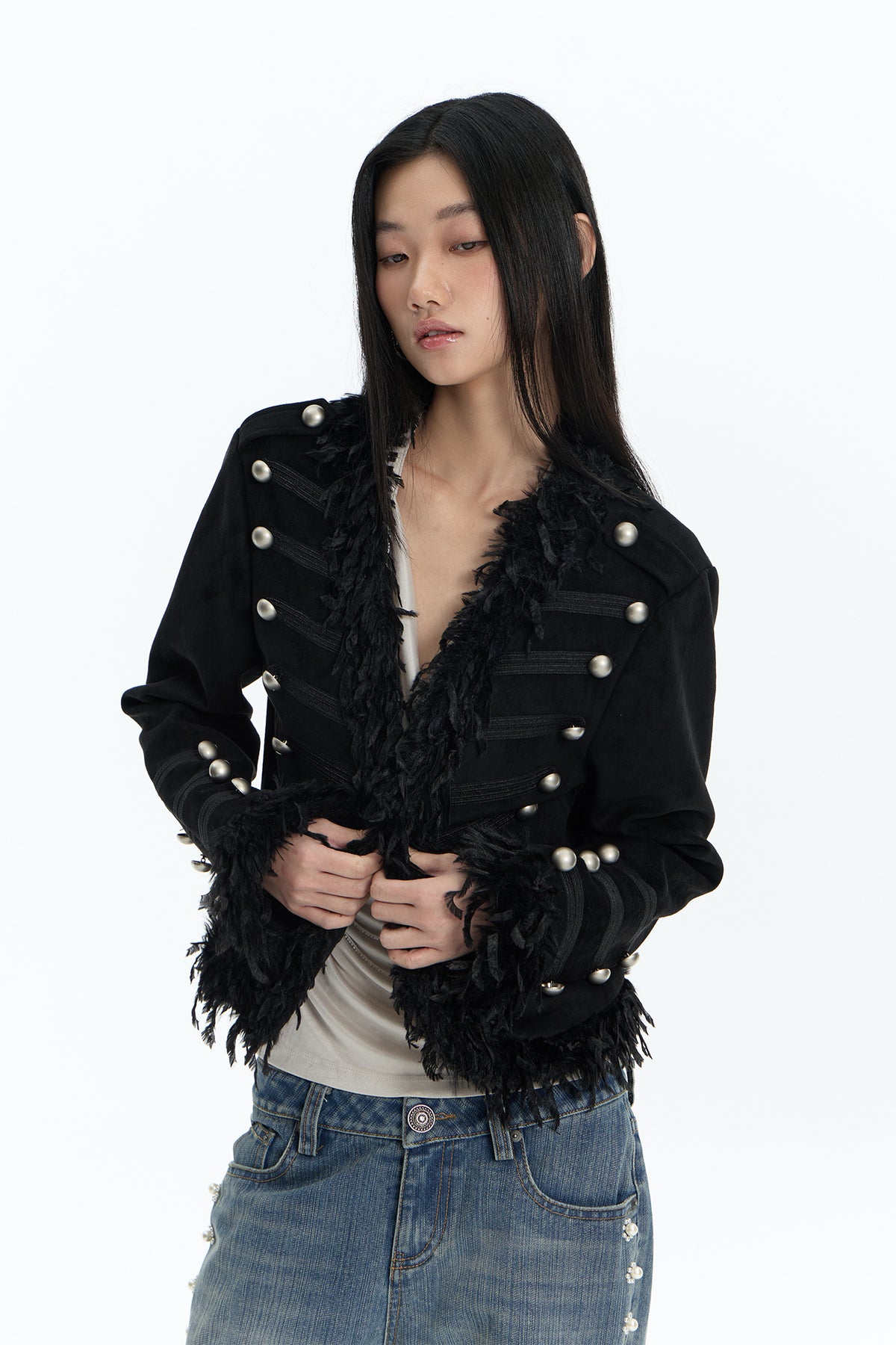 FAYCHUI Feather-Trim Button-Front Slim Napoleon Jacket
