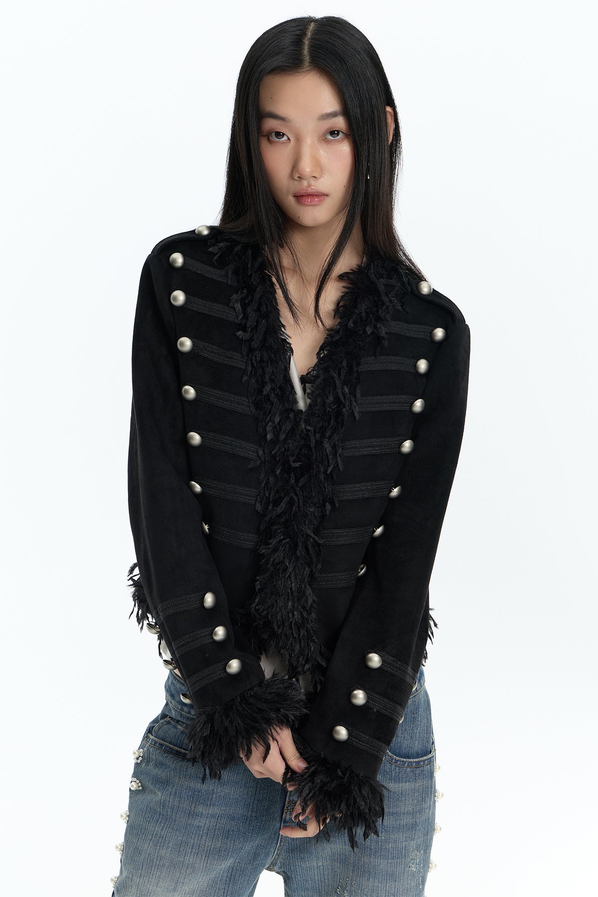 FAYCHUI Feather-Trim Button-Front Slim Napoleon Jacket