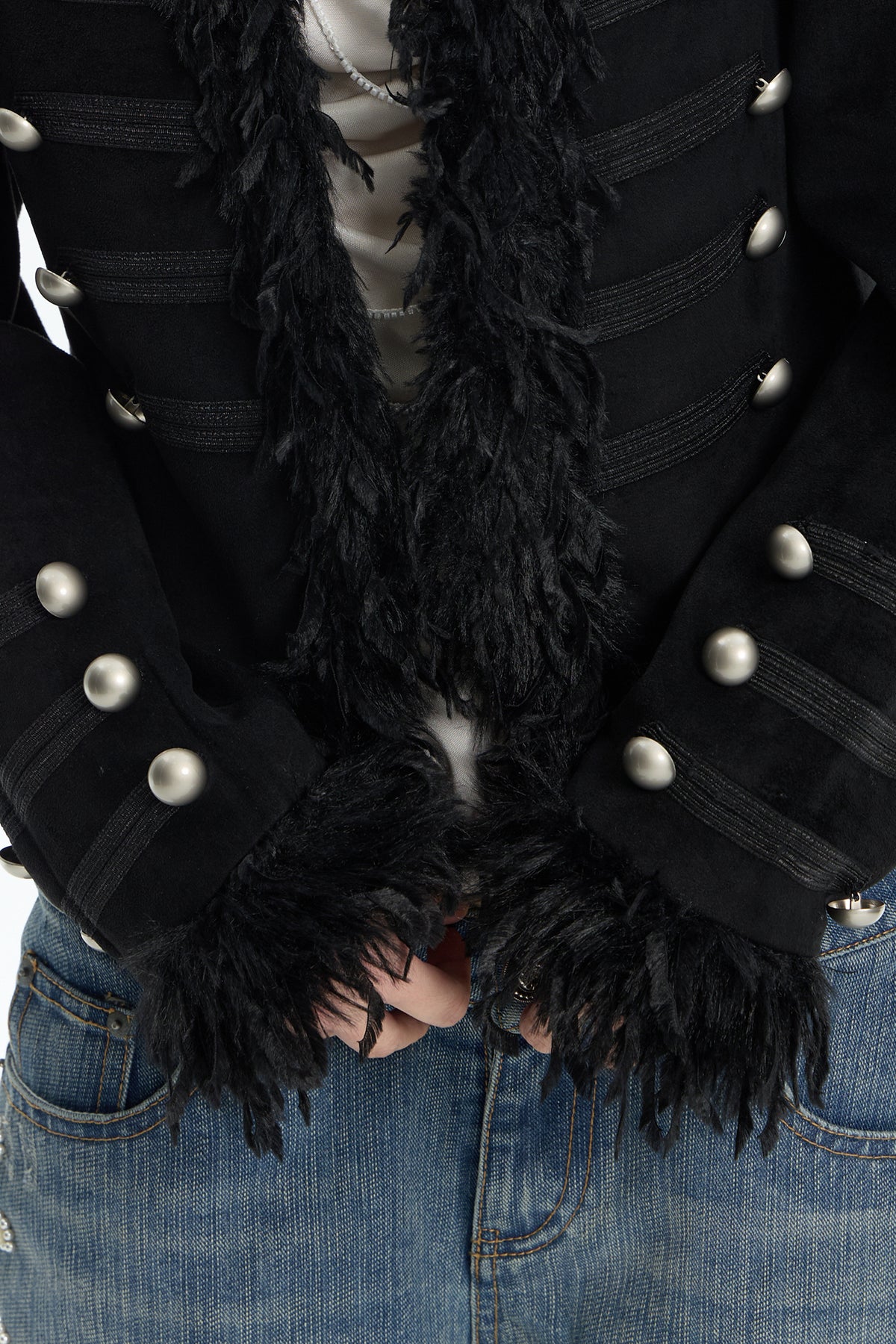 FAYCHUI Feather-Trim Button-Front Slim Napoleon Jacket