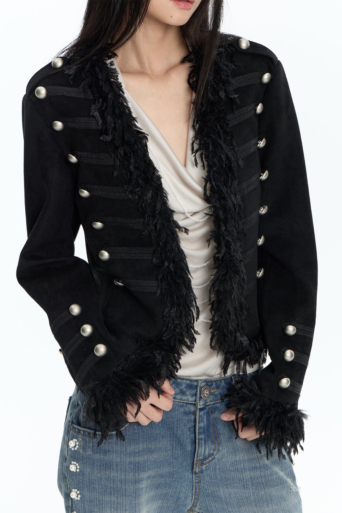 FAYCHUI Feather-Trim Button-Front Slim Napoleon Jacket