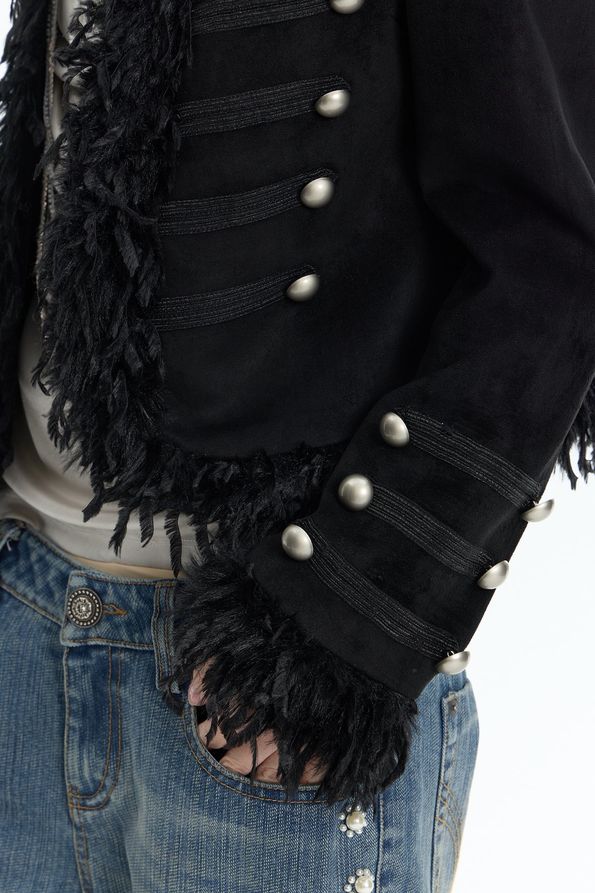 FAYCHUI Feather-Trim Button-Front Slim Napoleon Jacket