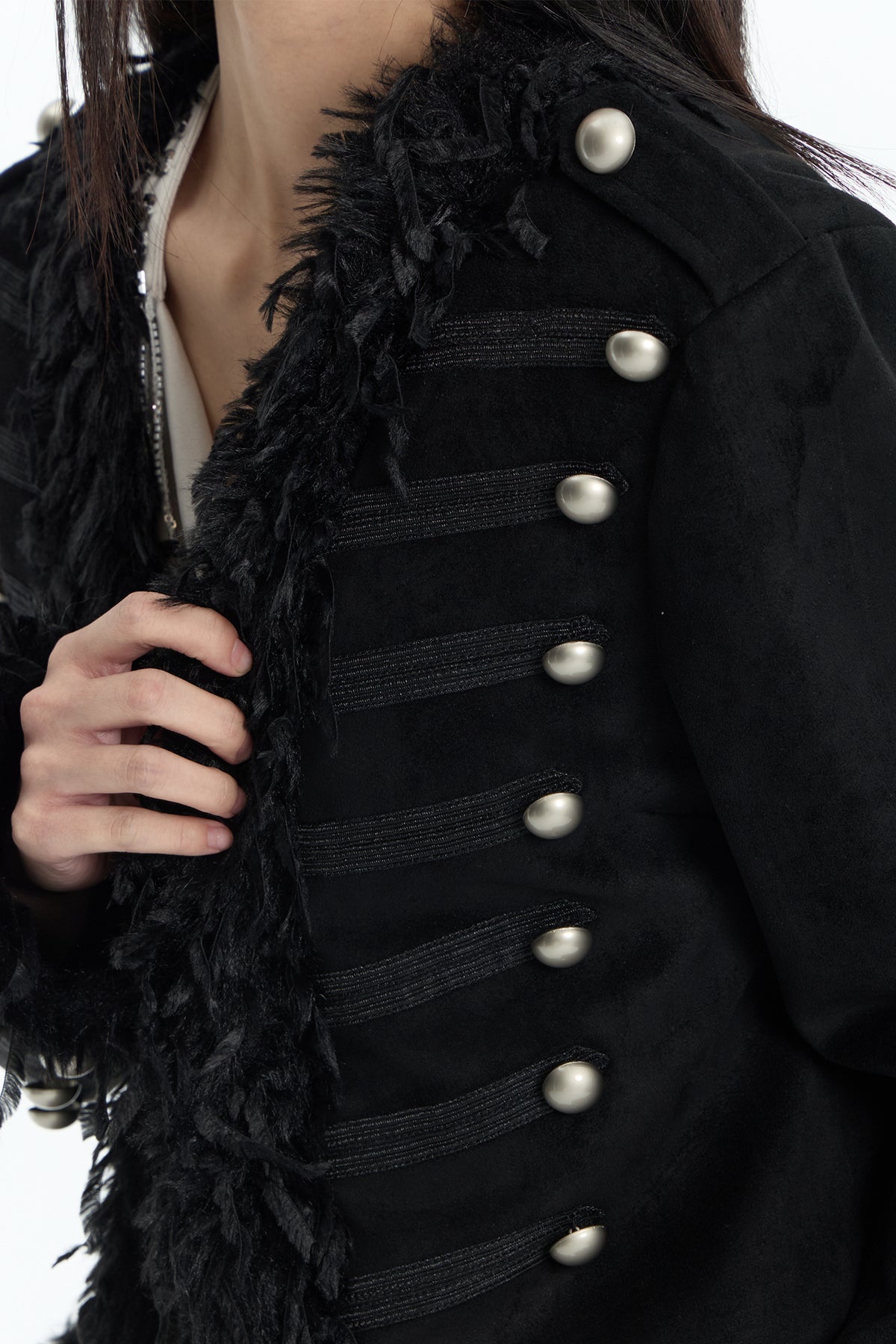 FAYCHUI Feather-Trim Button-Front Slim Napoleon Jacket