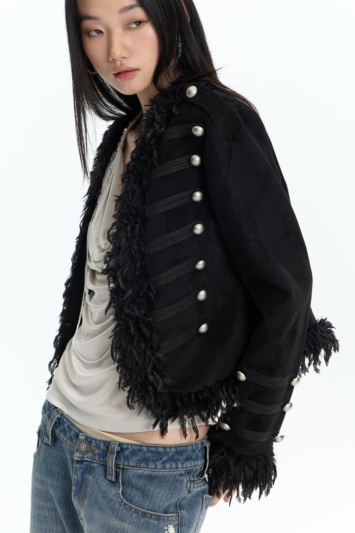 FAYCHUI Feather-Trim Button-Front Slim Napoleon Jacket