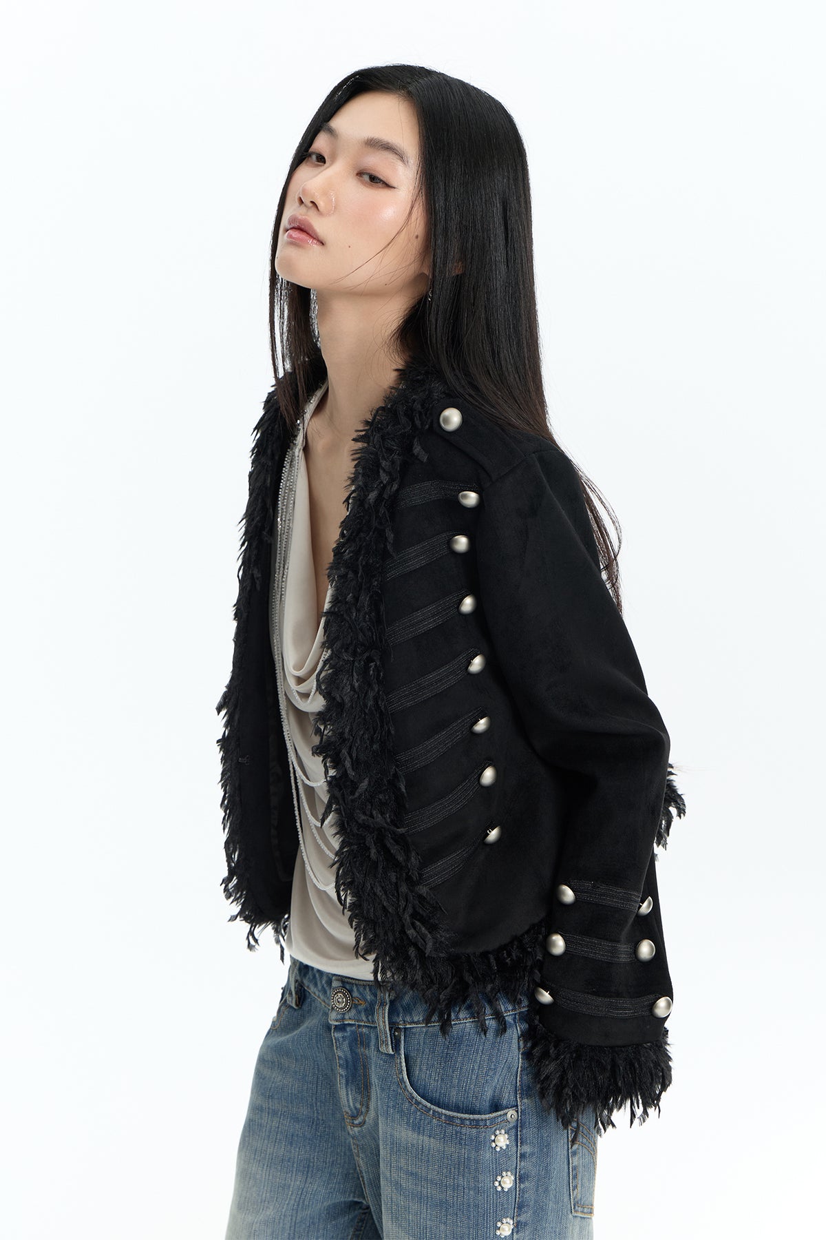 FAYCHUI Feather-Trim Button-Front Slim Napoleon Jacket