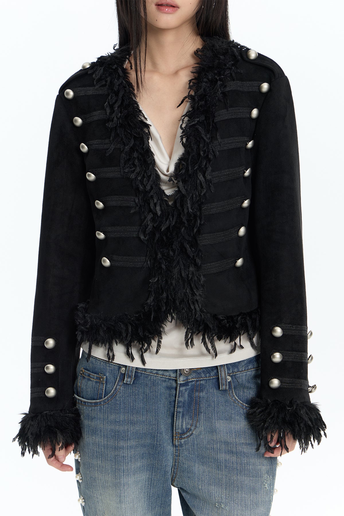 FAYCHUI Feather-Trim Button-Front Slim Napoleon Jacket