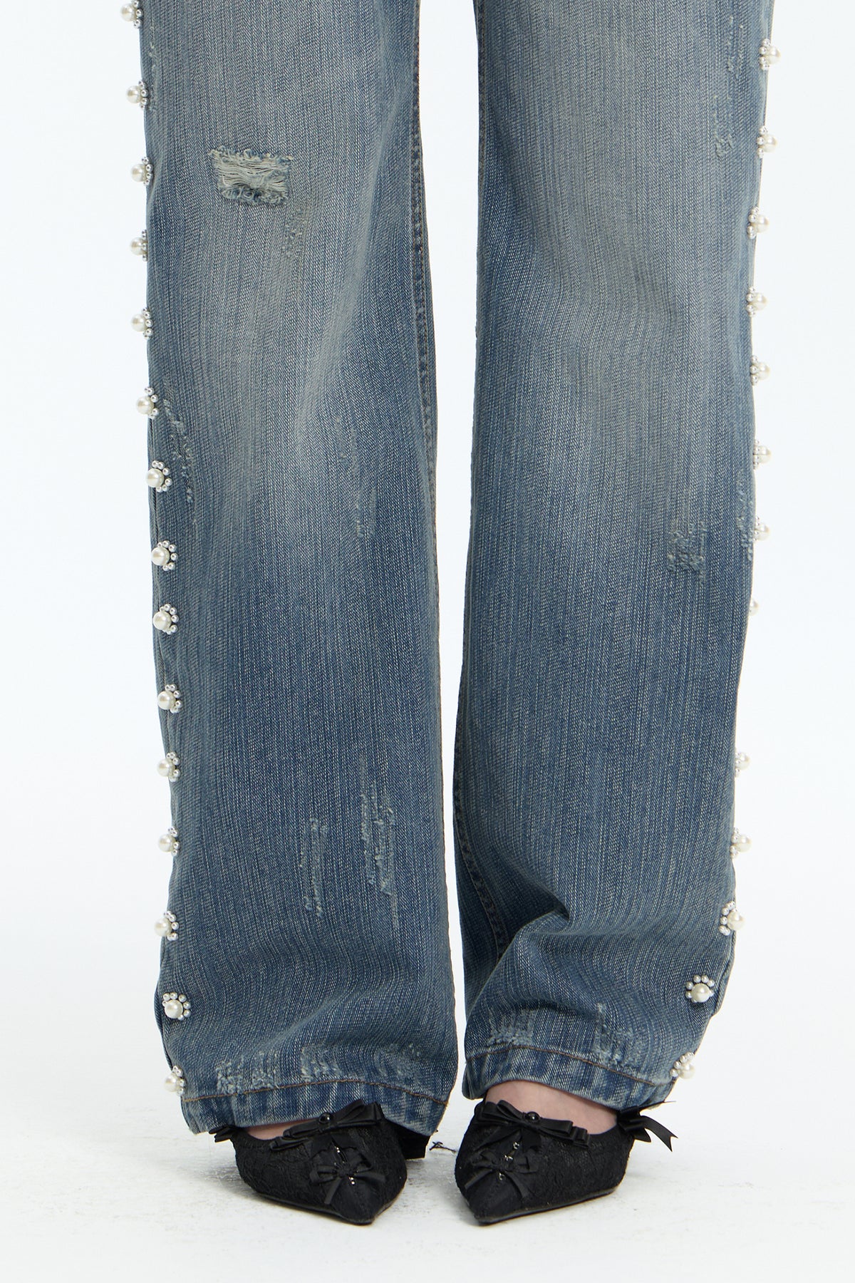 FAYCHUI Washed Floral Pearl Low-Rise Flared Jeans