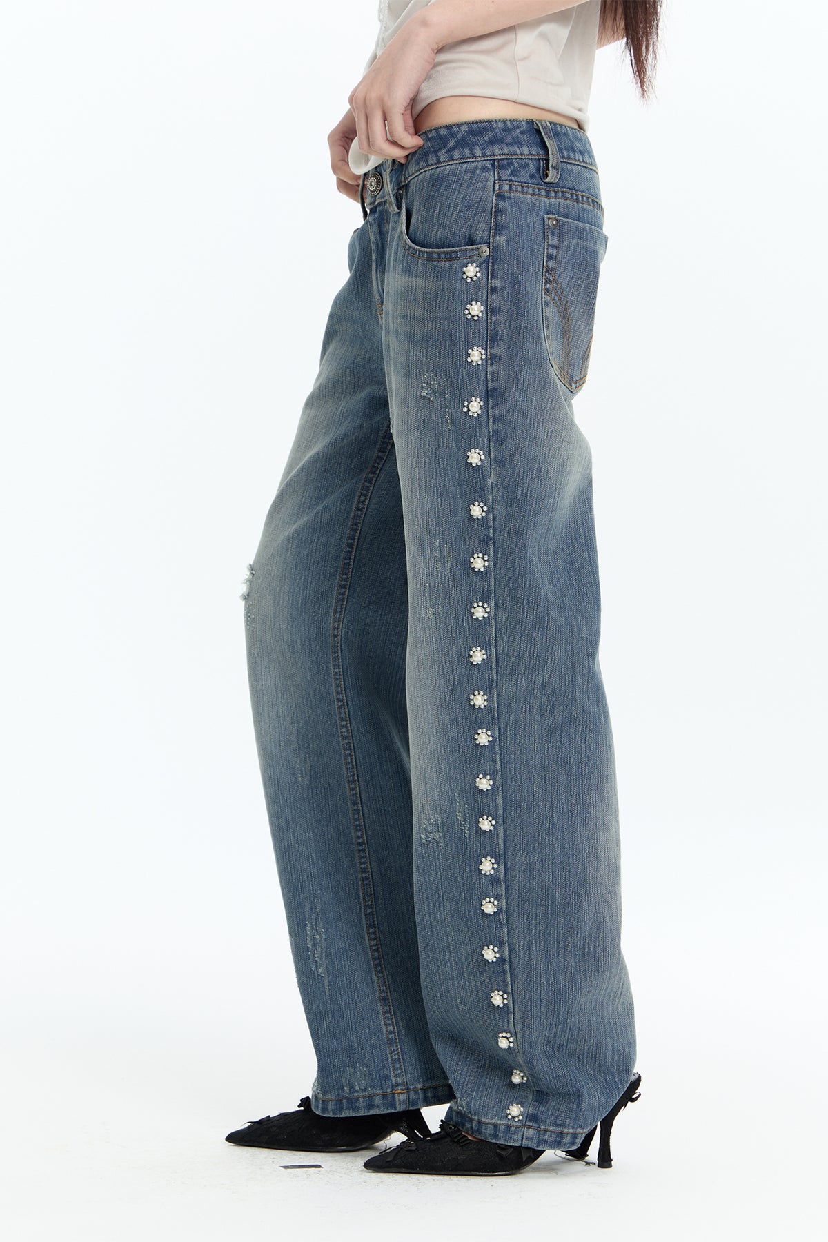 FAYCHUI Washed Floral Pearl Low-Rise Flared Jeans