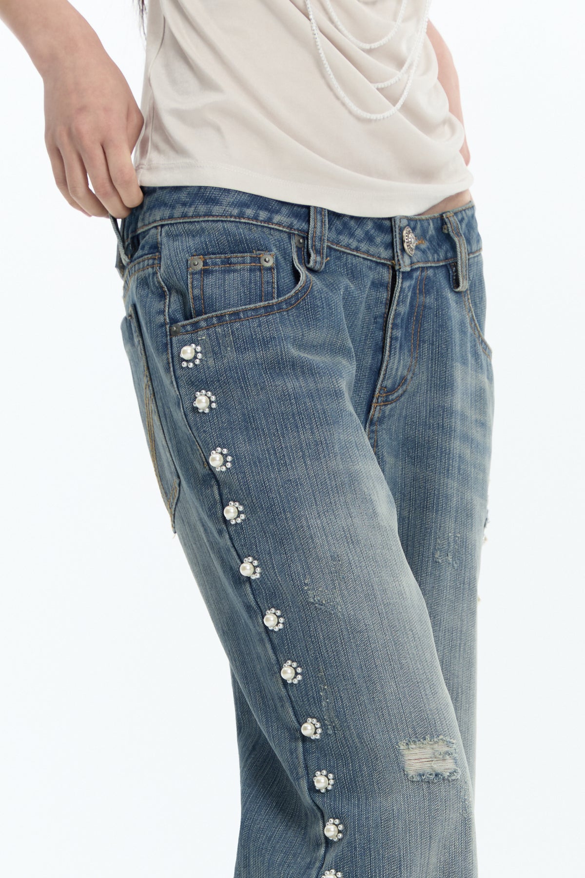 FAYCHUI Washed Floral Pearl Low-Rise Flared Jeans