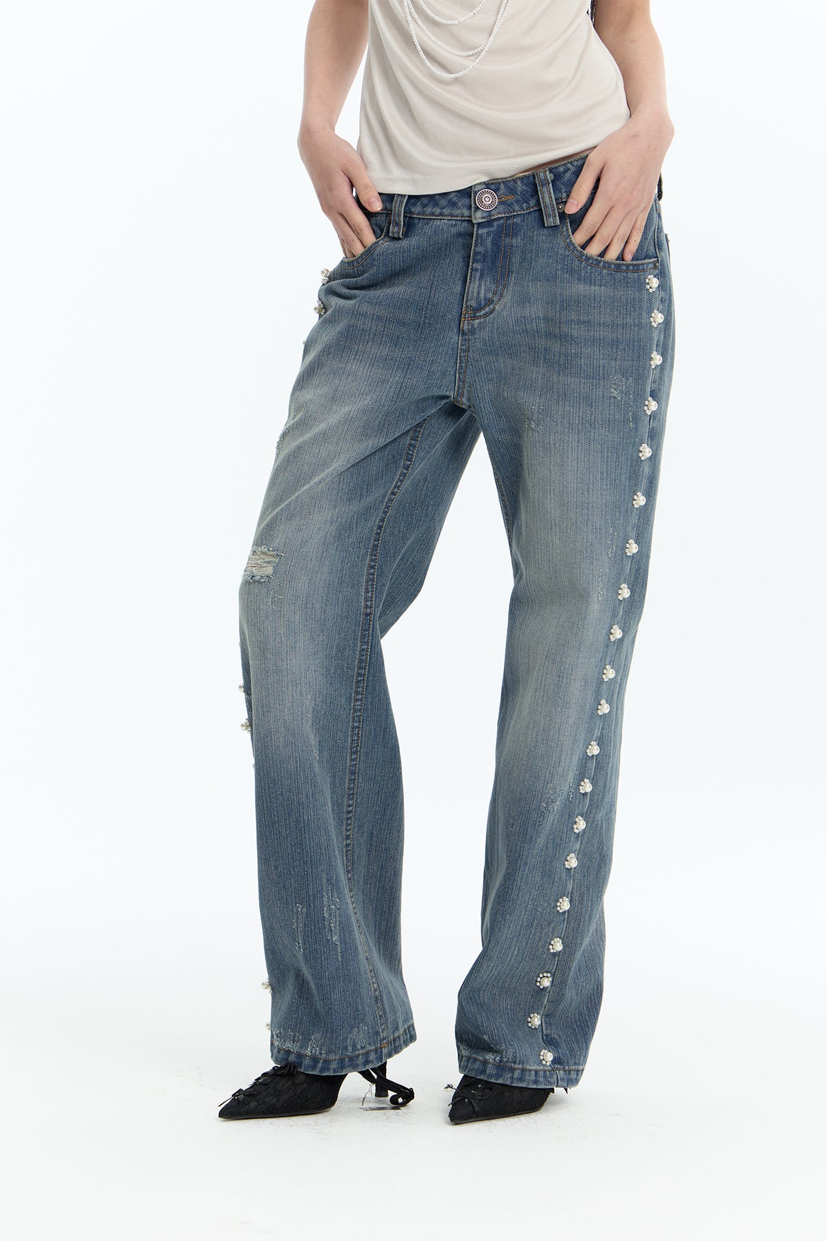 FAYCHUI Washed Floral Pearl Low-Rise Flared Jeans