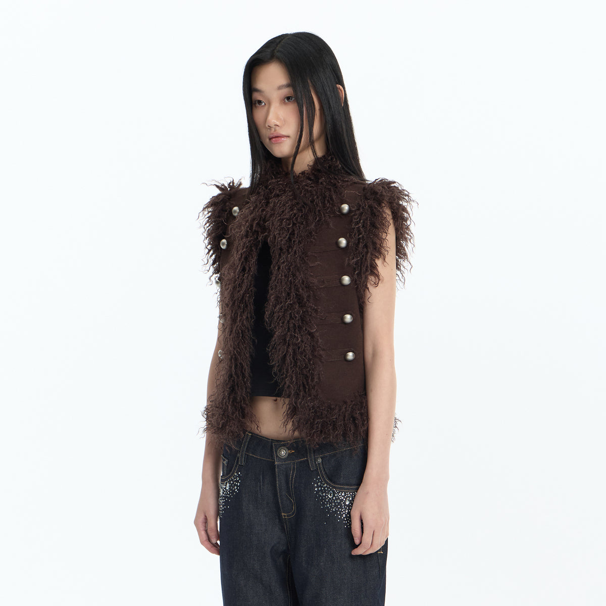 FAYCHUI Faux Fur Trim Button Vest