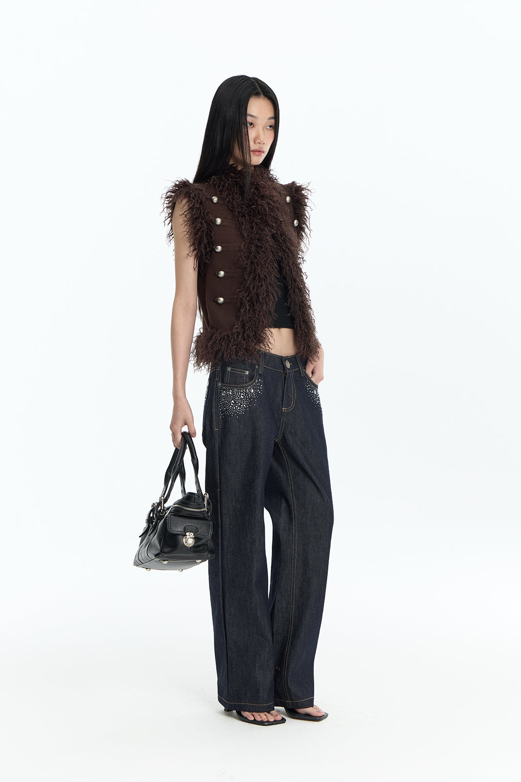 FAYCHUI Faux Fur Trim Button Vest