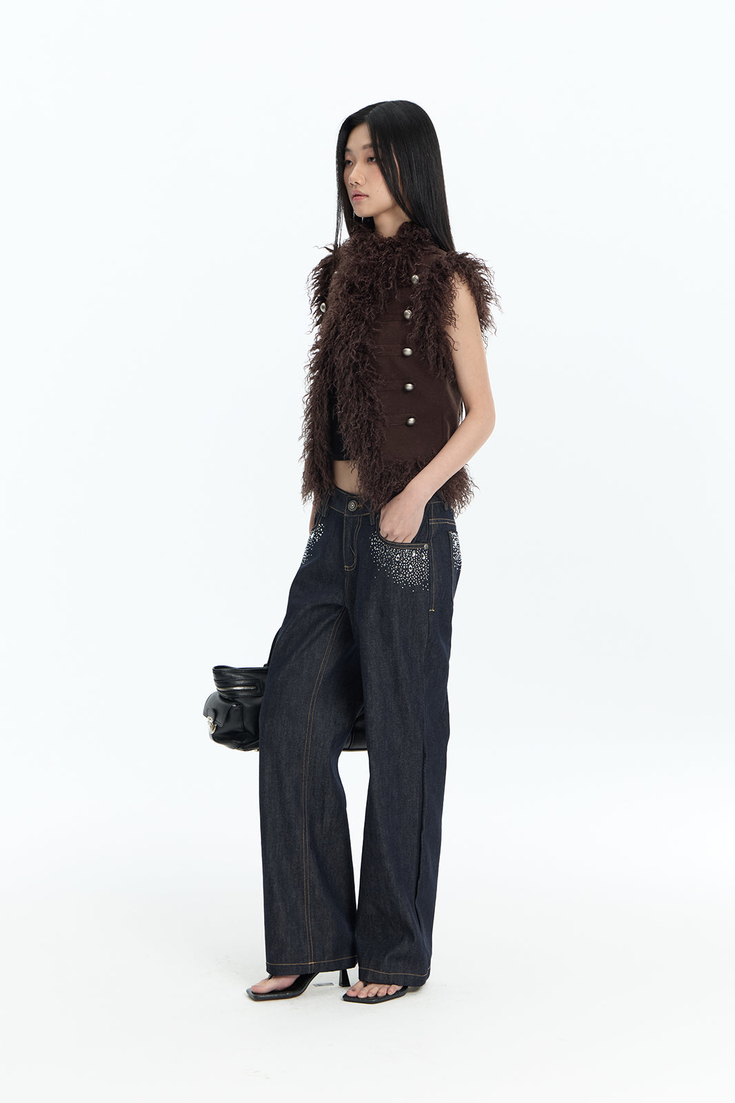 FAYCHUI Faux Fur Trim Button Vest