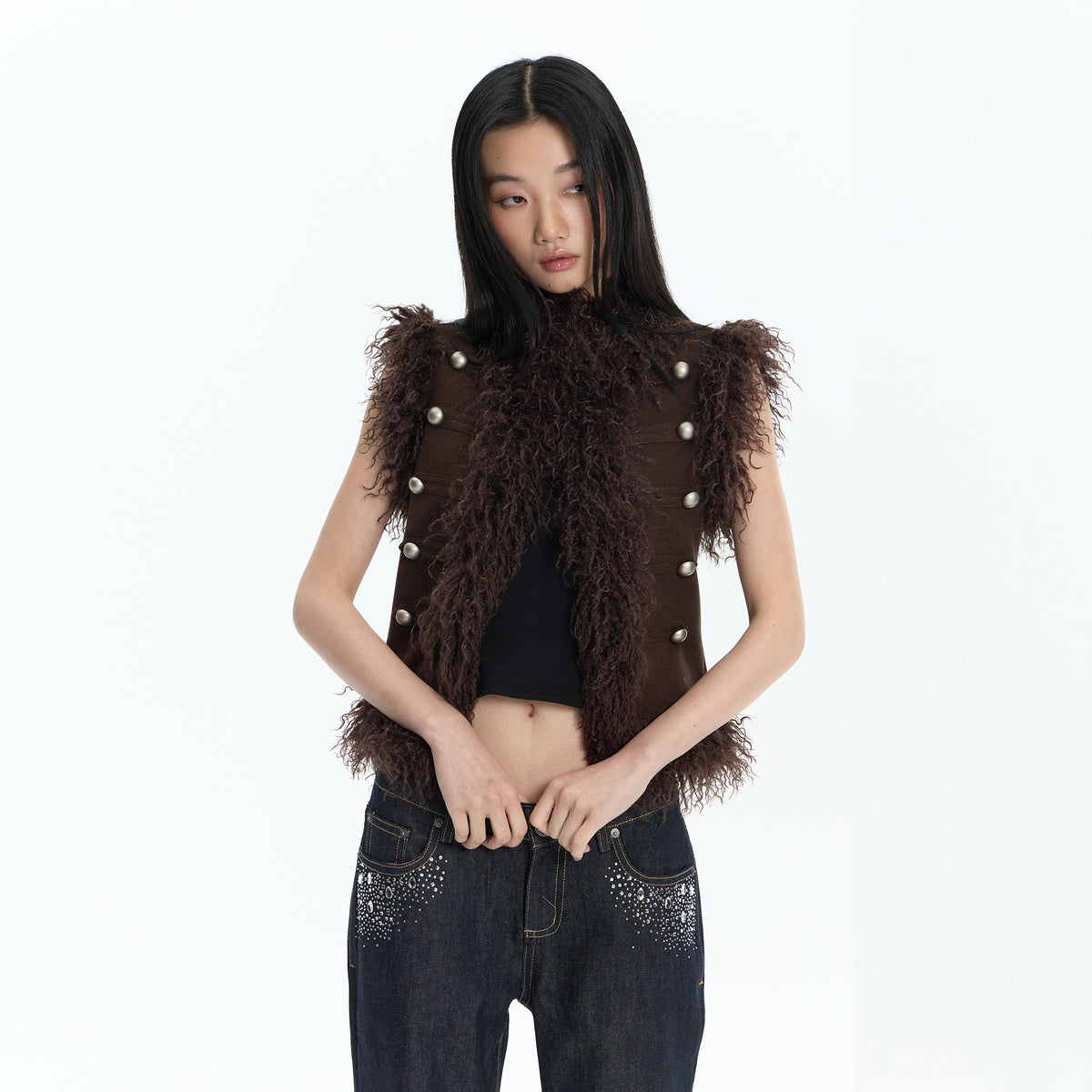 FAYCHUI Faux Fur Trim Button Vest
